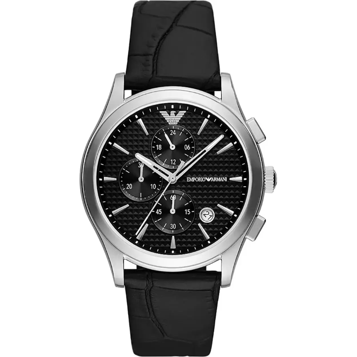 Dit Emporio Armani horloge heeft een stainless steel kast met een  42mm diameter, is voorzien van een zwarte lederen band en is afgewerkt met mineraalglas. In de kast bevindt zich een Miyota kwaliteitsuurwerk. 
