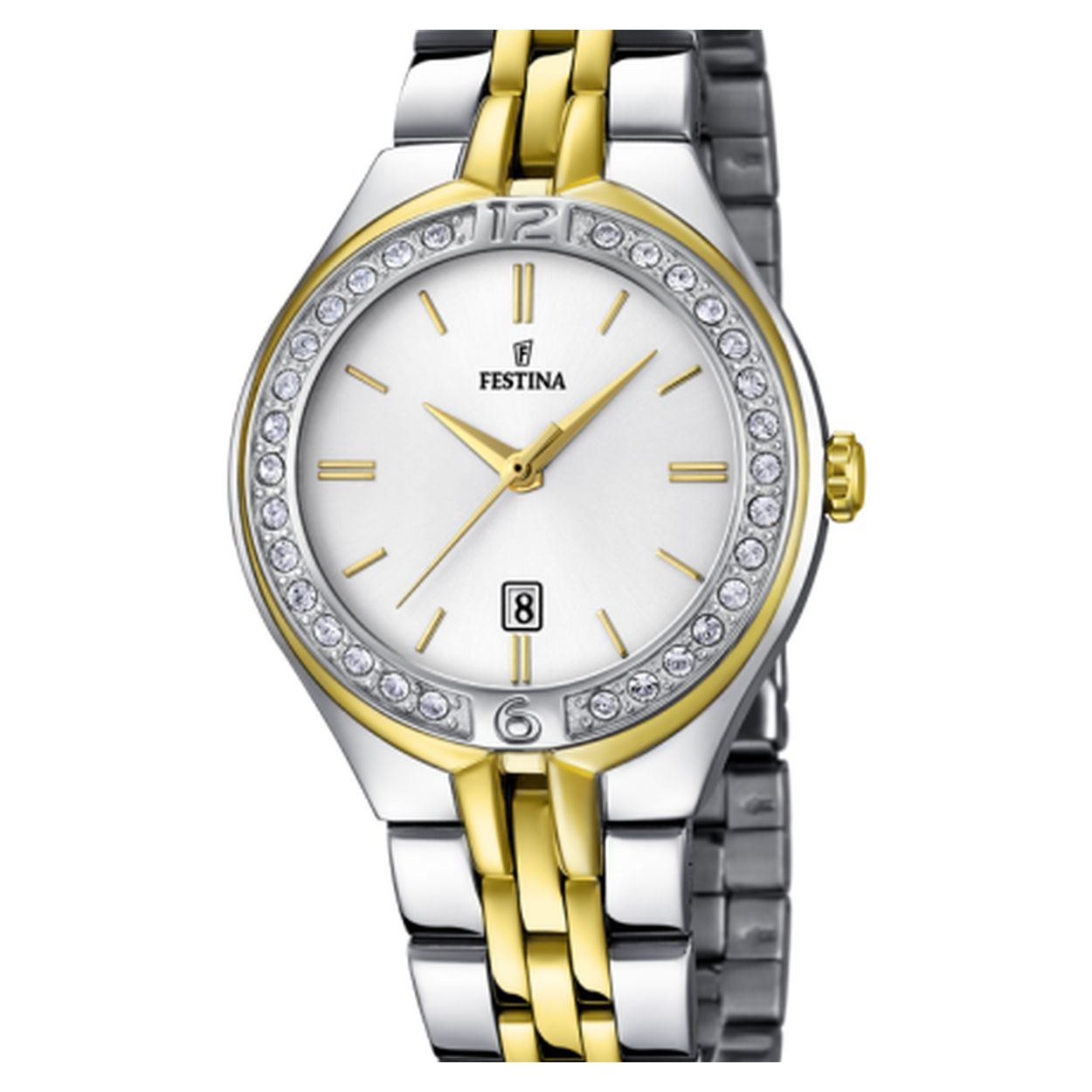 Festina damesuurwerk uit de collectie 'Mademoiselle' - Bicolor metalen band: goud/zilverkleurig - Zilverkleurige wijzerplaat met datumaanduiding - Steentjes op de kast - Waterdichtheid: 5 ATM
