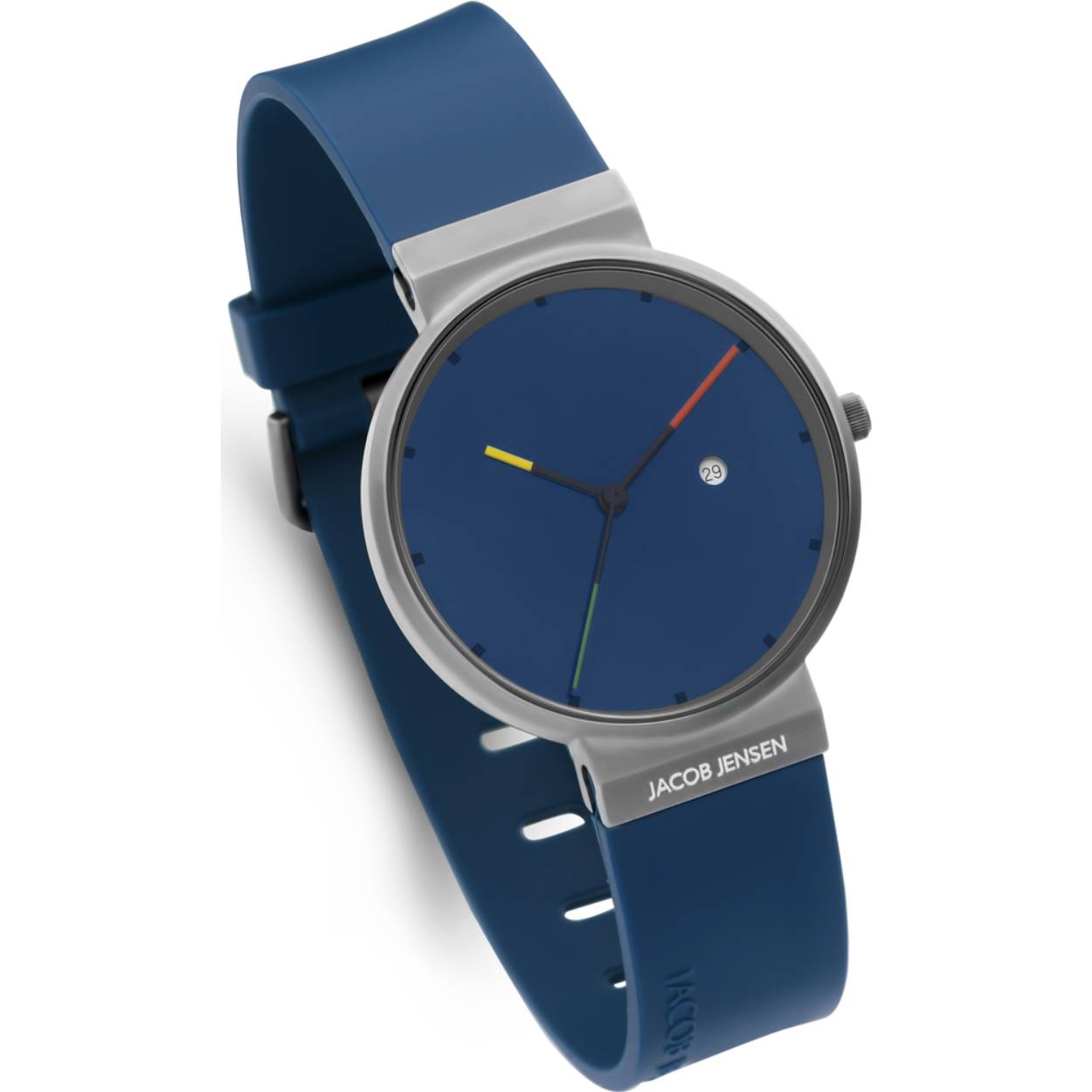 Dit Jacob Jensen horloge heeft een titanium kast met een diameter van 36mm en is voorzien van een rubberen band. In de kast bevindt zich een kwaliteitsuurwerk en is afgewerkt met saffierglas.