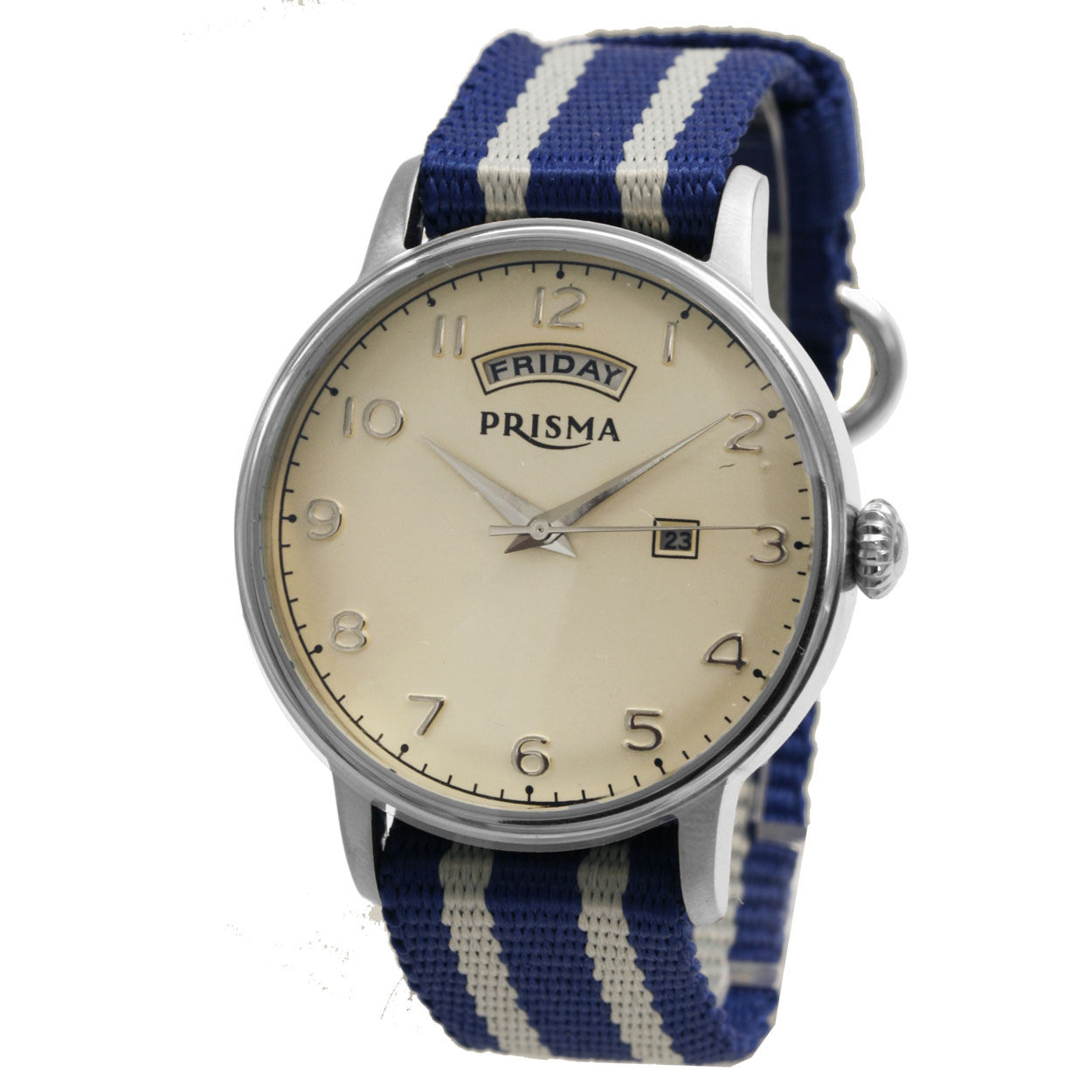 Prisma horloge 2146 heren edelstaal 

Algemeen
Geslacht: heren
Model: P.2146

Voordelen
- band blauw/grijs canvas met All Stainless steel gesp
- wijzerplaat creme met zilvere cijfers (arabisch)
- ook voor brede pols (max. 259 mm)
- dagveld
- mat kalfsleder
- duidelijke tijdsweergave
- spat waterdicht: handenwassen, regen
- quartz
- maat kast 40mm (breedte) 12mm (dikte)