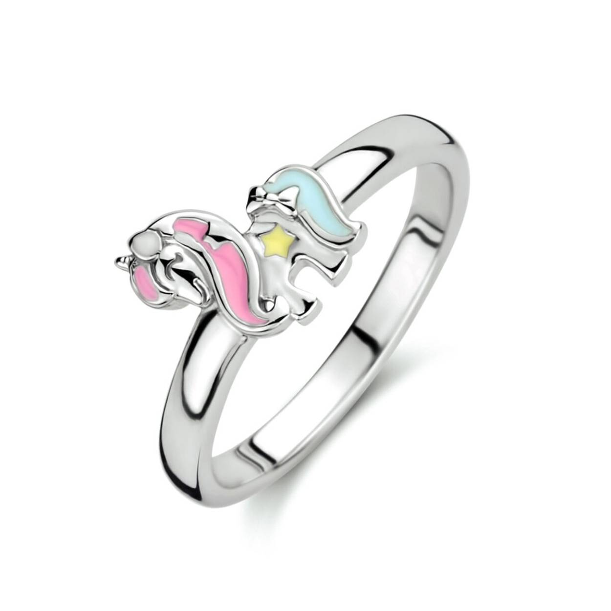 Gerhodineerd 925 zilveren ring uitgevoerd met een eenhoorn. De ring heeft een breedte van 7.5mm.