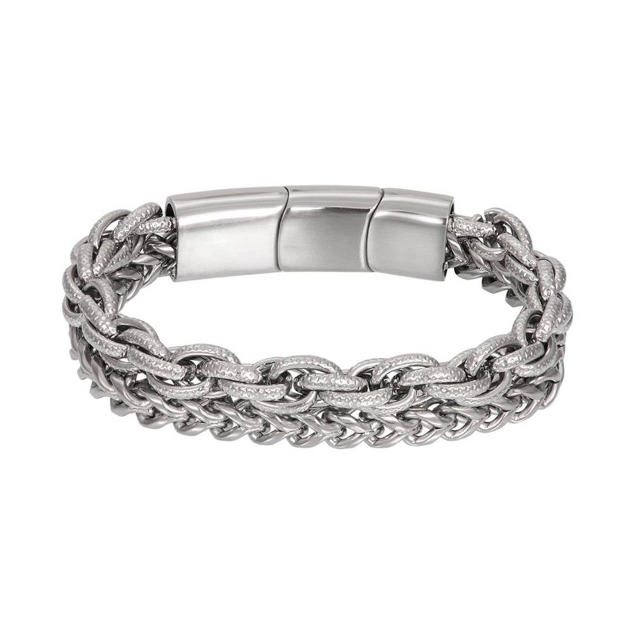 De iXXXi MEN armband Hawaii is gemaakt van stainless steel en is voorzien van een zilverkleurige uitvoering. De bracelet bestaat uit twee verschillende soorten schakels die samenkomen bij de sluiting, waardoor ze één armband vormen. De ene armband bestaat uit een zilverkleurig, gevlochten design en de andere bestaat uit een patroon van langwerpige, ronde schakels. Bracelet Hawaii is voorzien van een rechthoekige, smalle, stalen sluiting.