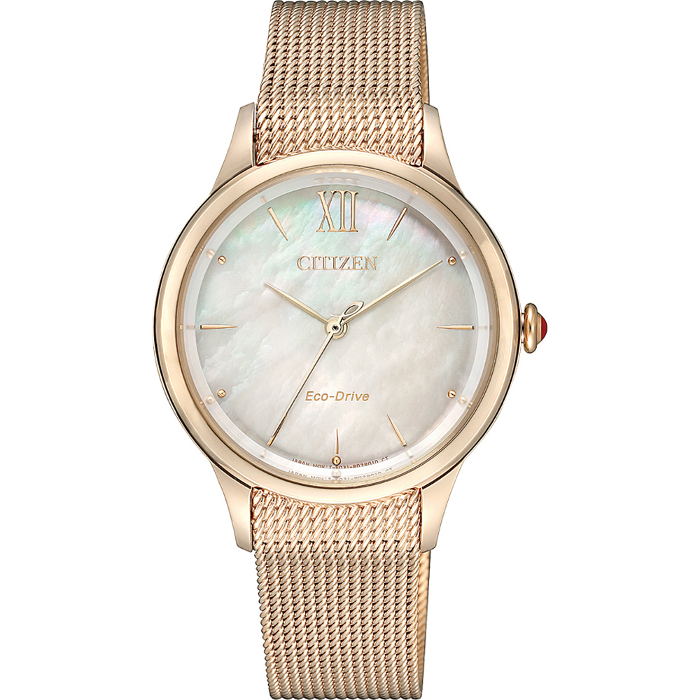 Dit Citizen dames horloge heeft een 33mm rosé goud roestvrijstalen kast. Dit horloge is voorzien van een metalen band ook in rosé goudkleur. 
Het horloge is 5ATM waterdicht, wat dit horloge geschikt maakt om mee te douchen.