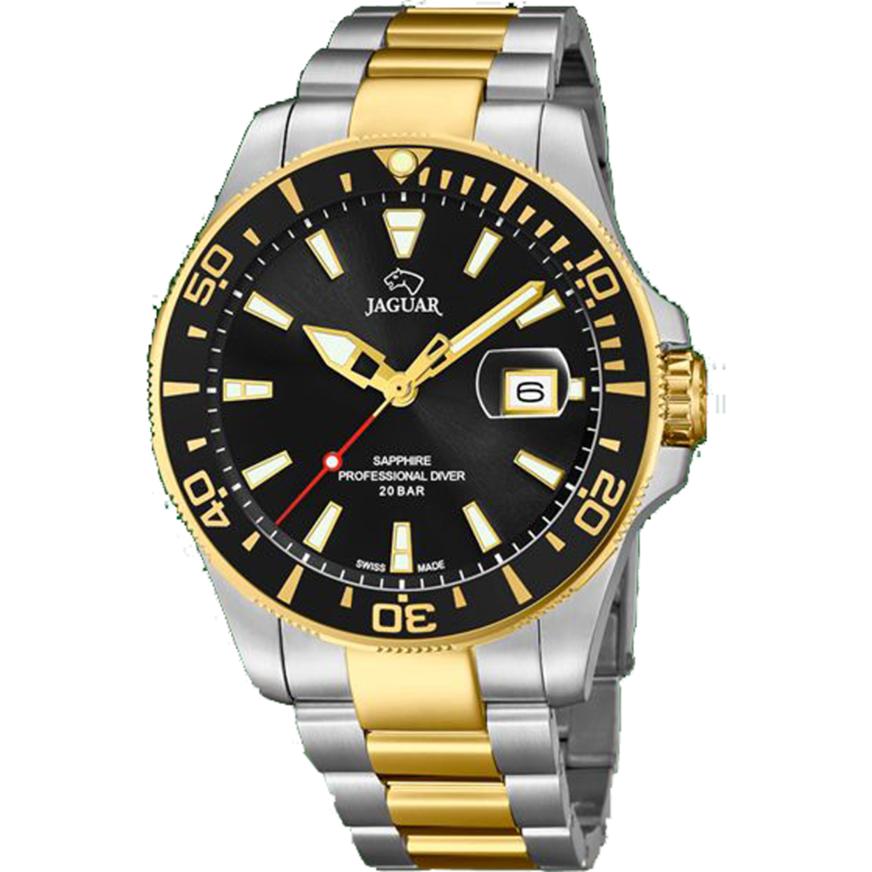 Klassiek horloge van Jaguar. Het horloge is uitstekend geschikt voor duiksport, aangezien het 20ATM is, wat betekent dat het geschikt is voor alle vormen van watersport, inclusief duiken.
Het horloge heeft een kenmerkende schakelband met goud-zilveren schakels. Verder is de zwarte wijzerplaat, met gouden accenten, uitgerust met een datumdisplay.