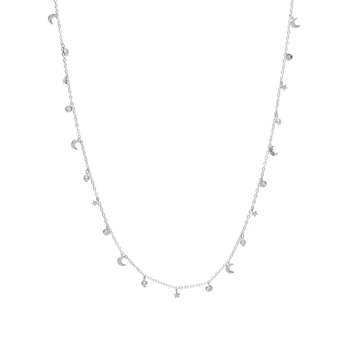Halsketting met zilveren hangers met diverse motieven van manen, sterren, parels en witte zirkonia.
