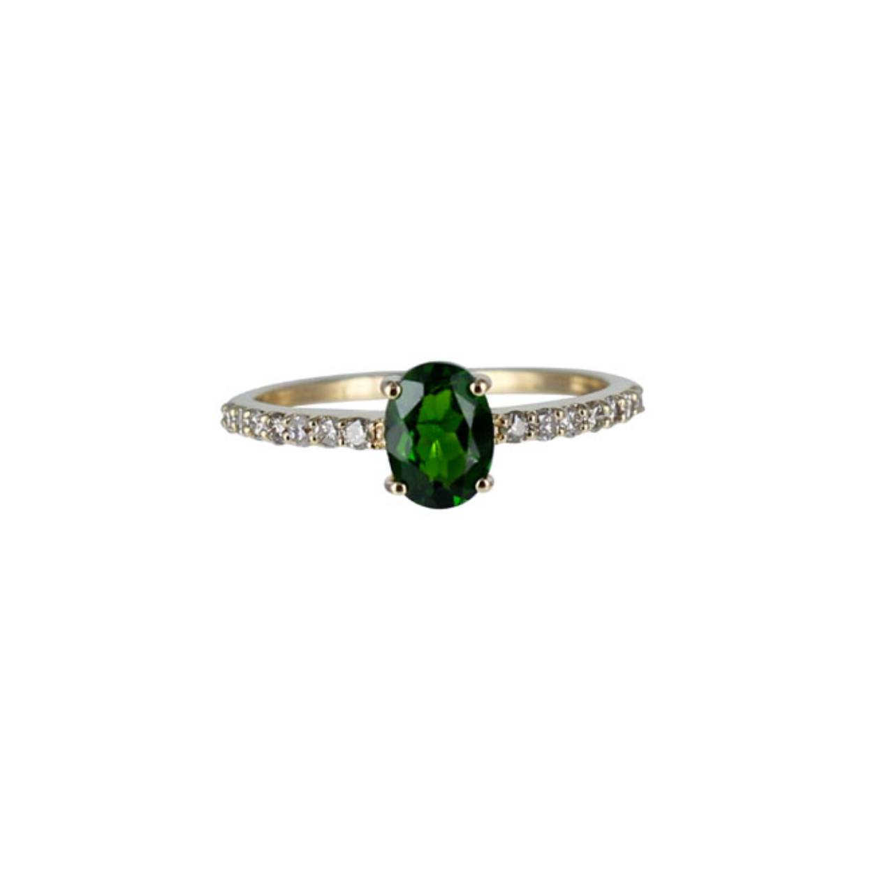 ring 14k geelgoud
ovale facet geslepen chroomdiopsied van 5×7 met diamantjes (HSI)