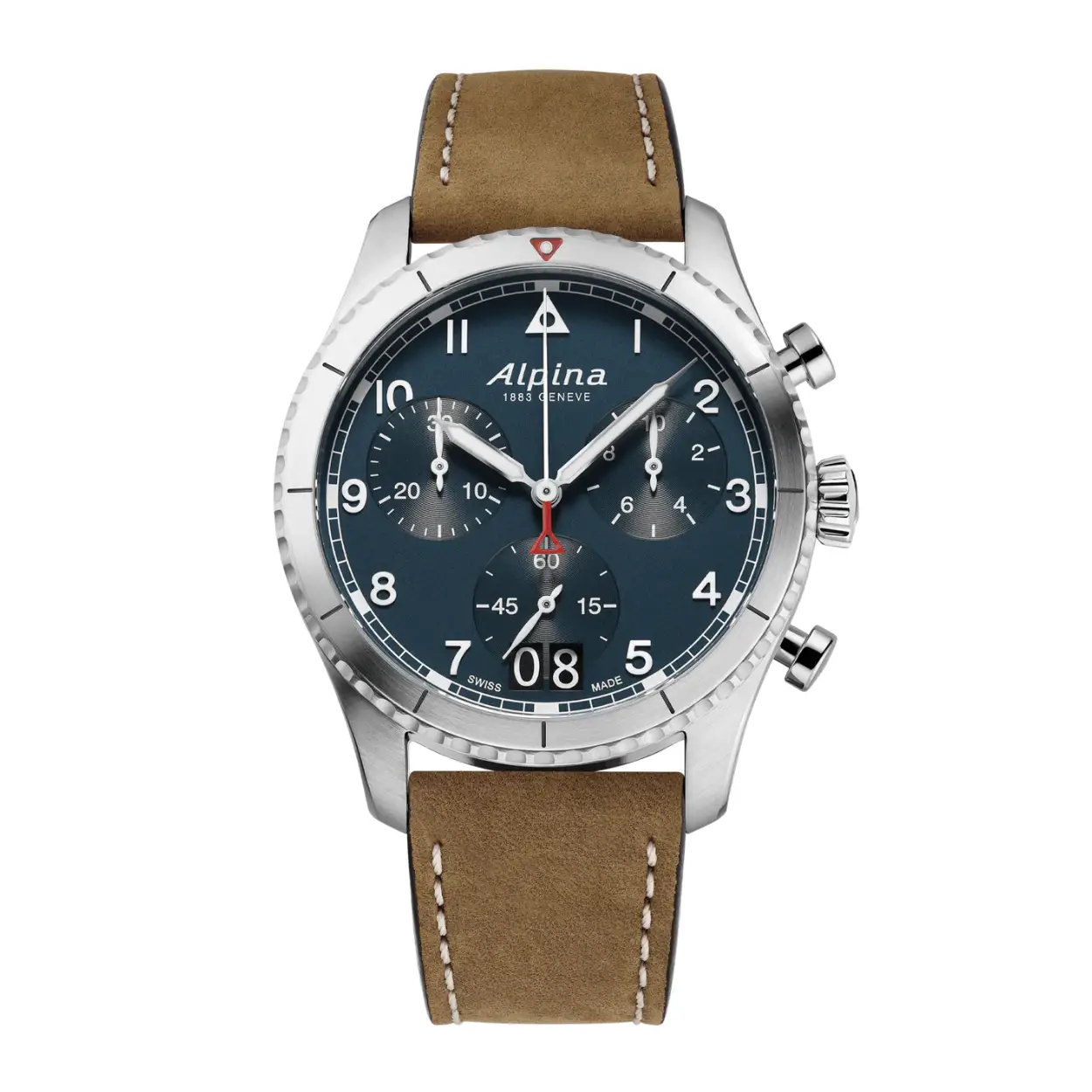 De Alpina Startimer Pilot Chronograph Big Date (AL-372N4S6) is een horloge dat indruk maakt door zijn nauwkeurig vakmanschap en het gebruik van hoogwaardige materialen. Binnenin het horloge werkt het nauwkeurige AL-372 Zwitserse chronograaf quartz uurwerk, dat staat voor de hoogste betrouwbaarheid. De robuuste roestvrijstalen kast garandeert een lange levensduur en beschermt de technische componenten optimaal.