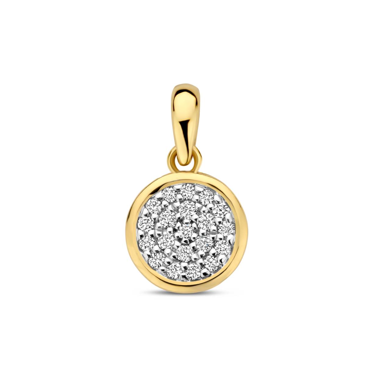 14 krt geelgouden hanger met briljantgeslepen diamant pavégezet in witgoud. Model Nova  0.09 crt H/Si rond