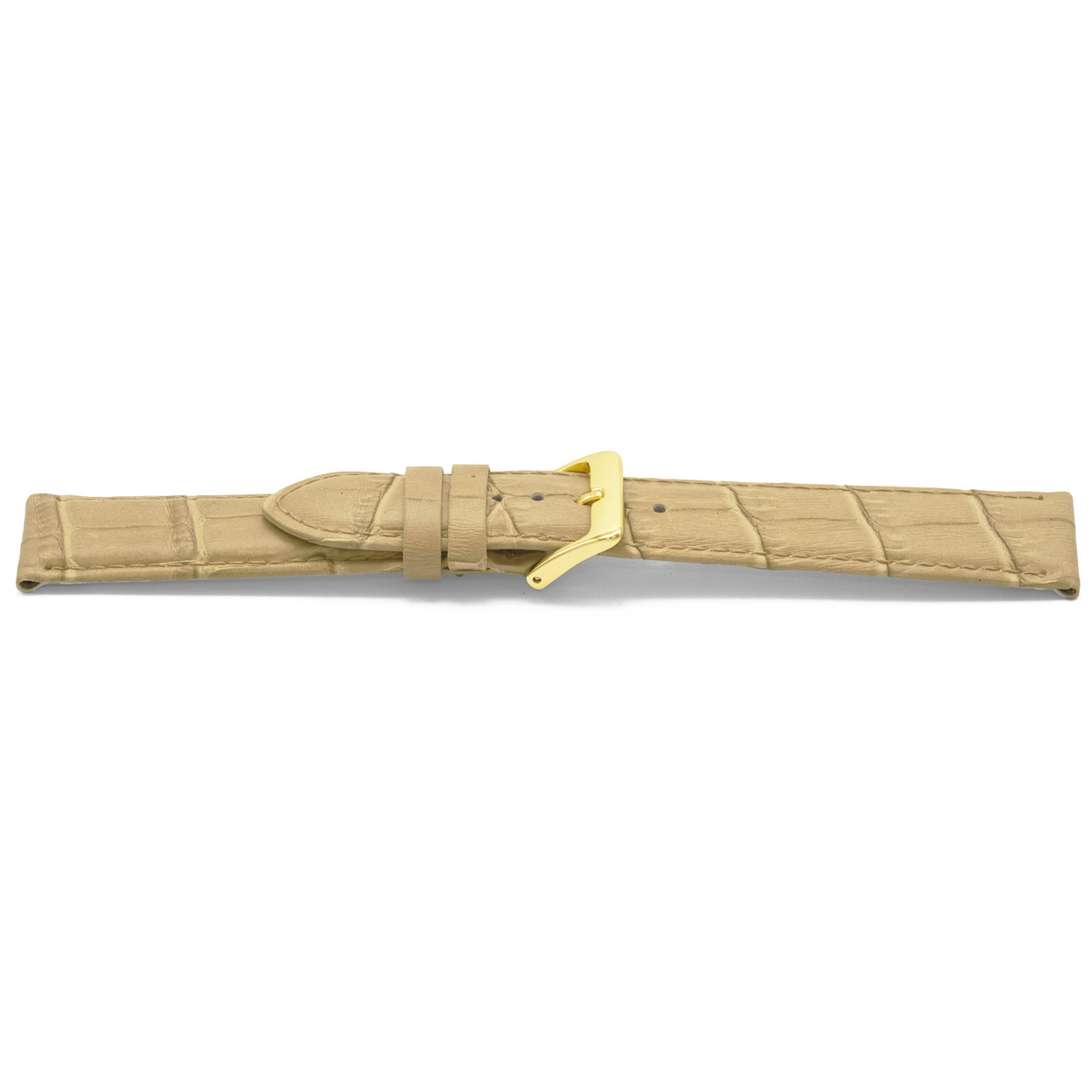Beige lederen horlogeband met goudkleurig aluminium gesp.
Kleur band: Beige
Band dikte: 3.3mm
Band lengte: 70/105mm
Band breedte: 14x12mm
Gesp: Aluminium
Bekleding binnenband: Nubuck
Gestikt: Ja, dezelfde kleur als de band. 
Hypo allergisch: Ja