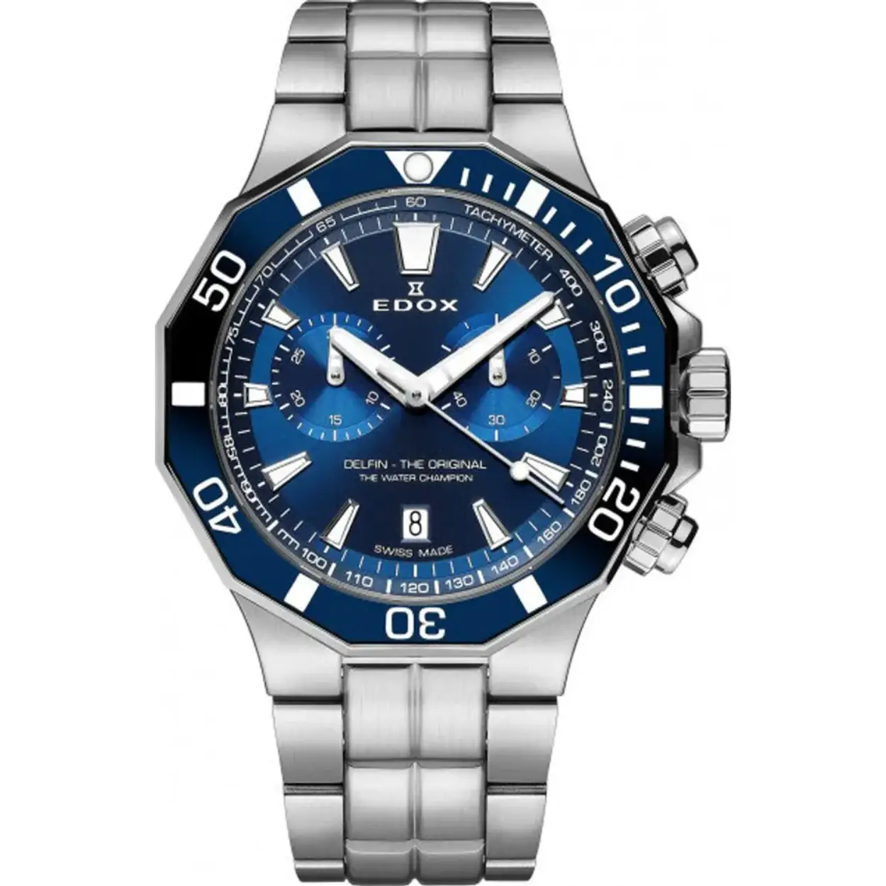 Edox horloge met stalen band, Delfin chrono staal/blauw