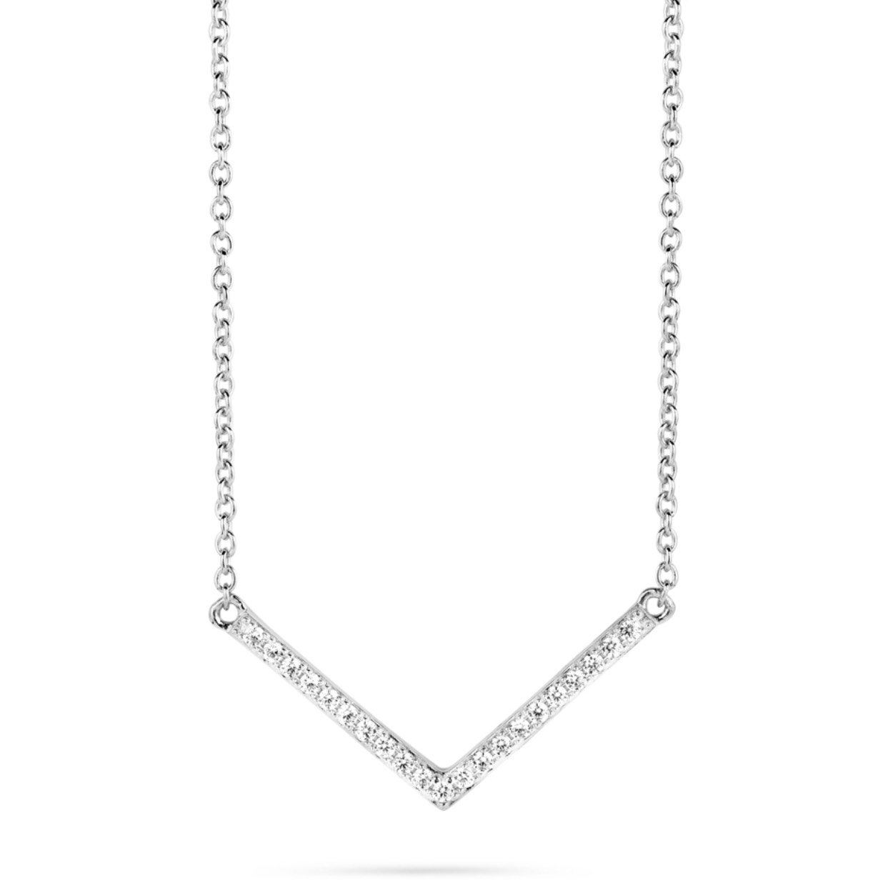 Zilveren ketting met vaste hanger - V-vormige hanger met zirkonium steentjes - Bijhorende ring ook verkrijgbaar