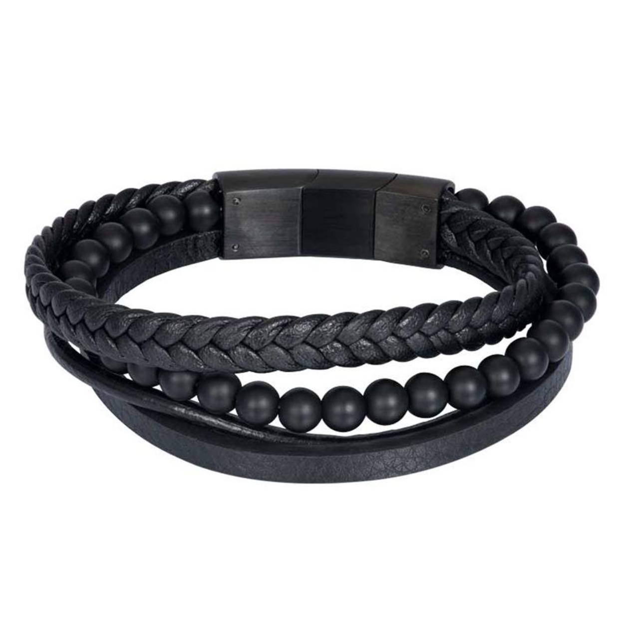 De iXXXi MEN armband Calvin armband bestaat uit een combinatie van zwart leder en zwarte kralen. De armband bestaat uit vier verschillende armbanden met allen een ander design die samenkomen bij de mat zwarte sluiting. Twee banden bestaan uit een glad design, waarvan één een plat design heeft en de ander een ronde. De derde band heeft een gevlochten design en de laatste armband bestaat uit zwartkleurige kralen. Bracelet Calvin heeft een rechthoekige, mat zwarte sluiting. 
