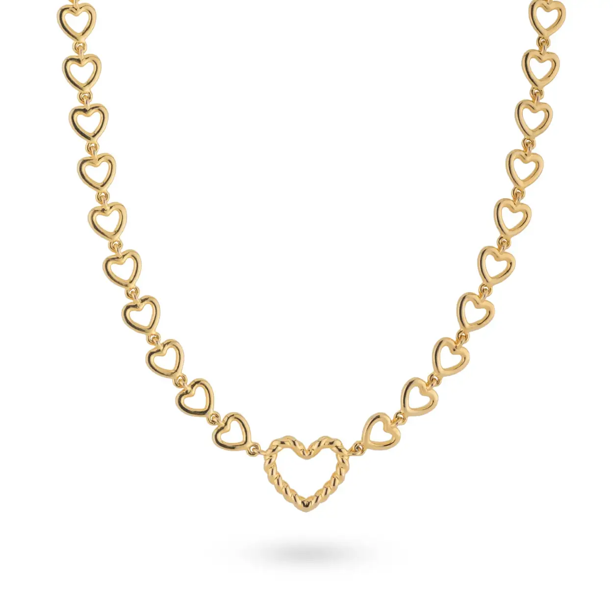 This beautiful necklace has a heart-shaped chain with one big heart in the middle. The necklace has a matching ring, earrings and bracelet, so you can mix and match endlessly! All 24Kae jewelry is designed by Kae Sutherland with love and an eye for detail. So don't forget to treat them with love too. Each 24Kae necklace is characterized by its authenticity through a unique handmade charm with engraving and a touch of beige.

Details
- Length necklace: 42 cm
- Extension: 5 cm
- Size big heart: 1,6 x 1,4 cm
