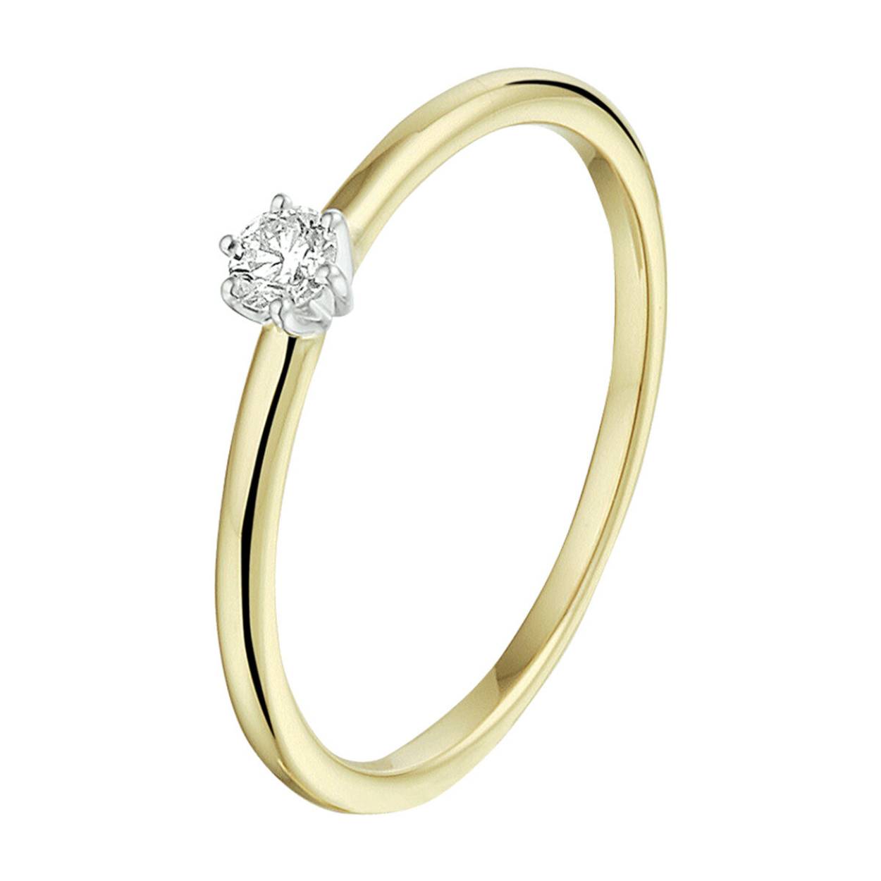 14k gouden ring met een briljant geslepen diamant. De diamant is gezet in een witgouden chaton met zes zetpoten. 