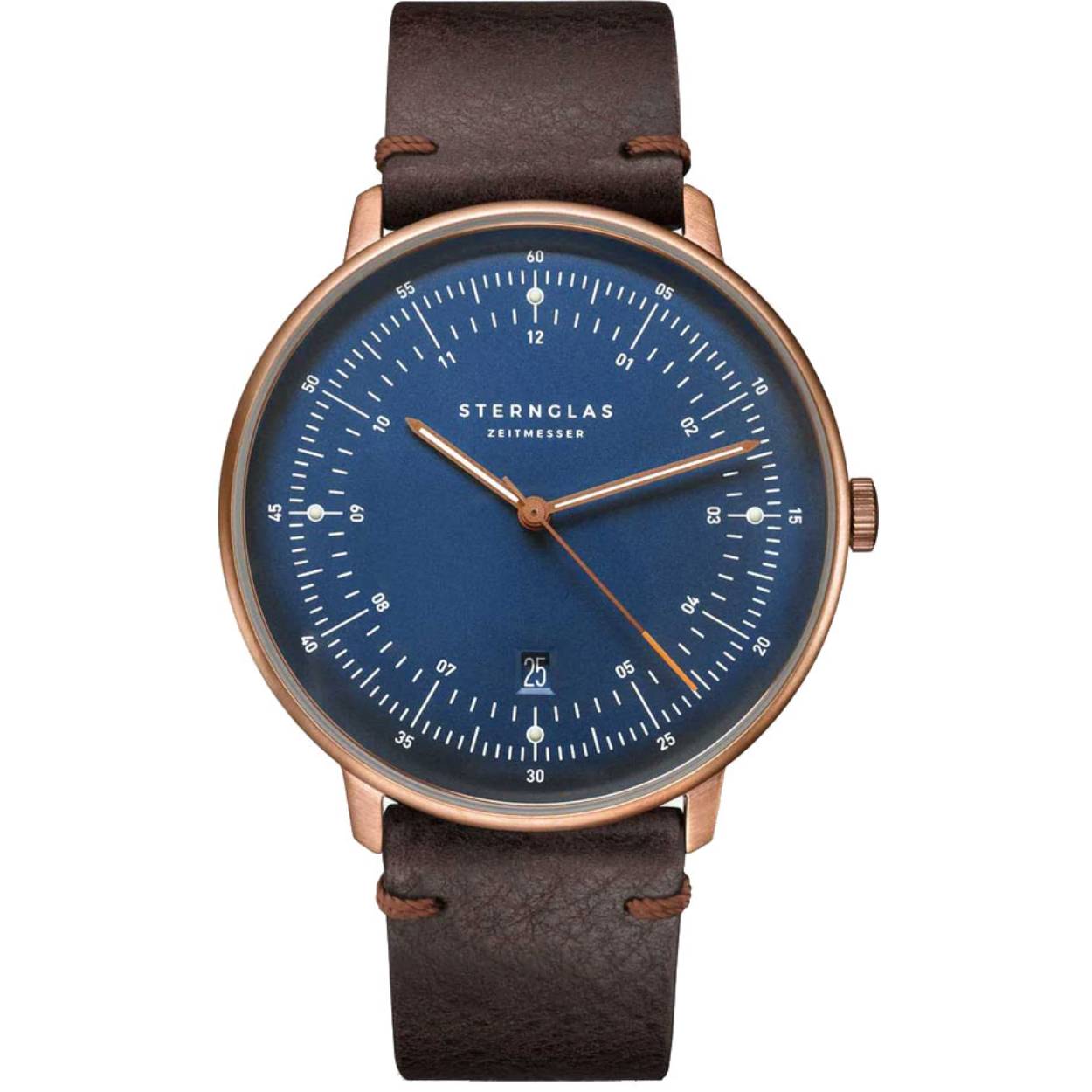 Van 13-11-24 t/m 2-12-24 BLACK FRIDAY korting (tot 33%) op alle Sternglas horloges!

Sternglas Hamburg herenhorloge met blauwe wijzerplaat, bronzen kast, bruine lerenband, saffierglas, datum en lichtgevende stippen.
