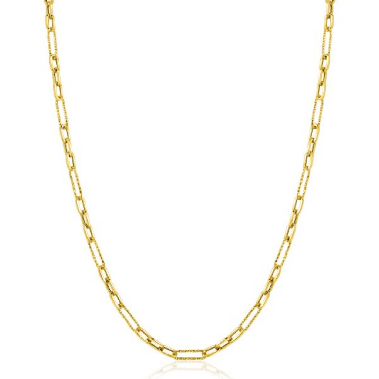 ZINZI Gold 14 karaat gouden collier met trendy bewerkte paperclip-schakels en ovale schakels van 3,5 mm breed. De lengte van het collier is 45cm. Vervaardigd van geheel 14 karaat goud (585). En herkenbaar 'Zinzi' door het kleine gouden Zinzi hartje bij de sluiting.