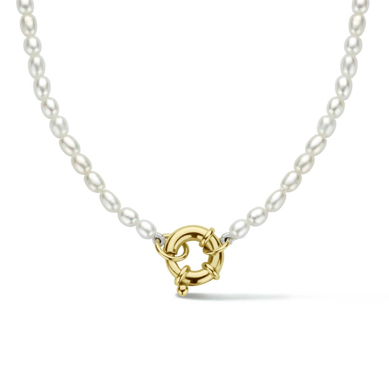 Huiscollectie collier zoetwaterparel. Het collier heeft een draaglengte van 42cm en is uitgevoerd met een 14  karaat geelgouden veerslot. De schakelbreedte is 3.8mm.