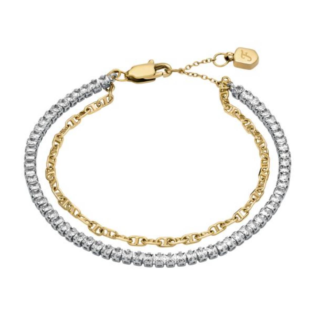 Fossil JA7281998 - Link Glitz - Armband. Deze armand is gemaakt van edelstaal en heeft twee armbanden in een, de ene armband is gezet met allemaal zirkonias en de andere armband is goudkleurig met een fantasie schakel. De armband is voorzien van een goudkleurige coating. Deze armband is twee delig en sluit met een karabijhaak