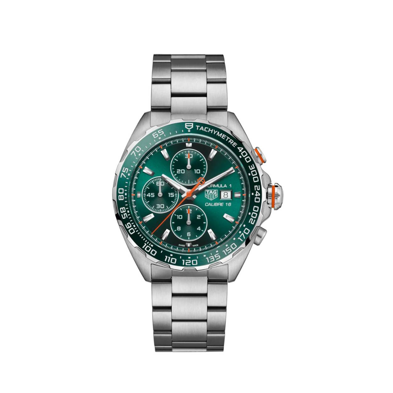 Dit TAG Heuer horloge behoort tot de Formula 1 collectie.
Referentienummer: CAZ201H.BA0876

Elegantie en een sportieve flair ontmoeten elkaar in deze TAG Heuer Formula 1 chronograaf. Met een opvallende groene wijzerplaat met levendige oranje accenten maakt dit 44mm horloge een statement van dynamische verfijning. 

De Fascinerende groene sunray geborstelde wijzerplaat heeft drie groene subials en oranje accenten die een levendig tintje toevoegen aan dit race-geïnspireerde horloge. 
De keramische groene tachymeterring is omhuld door een stalen kast en wordt geaccentueerd door sportieve oranje gelakte details op de kroon en de 2-uur drukker.

Het horloge wordt aangedreven door het automatische Calibre 16 uurwerk met 41 uur gangreserve.