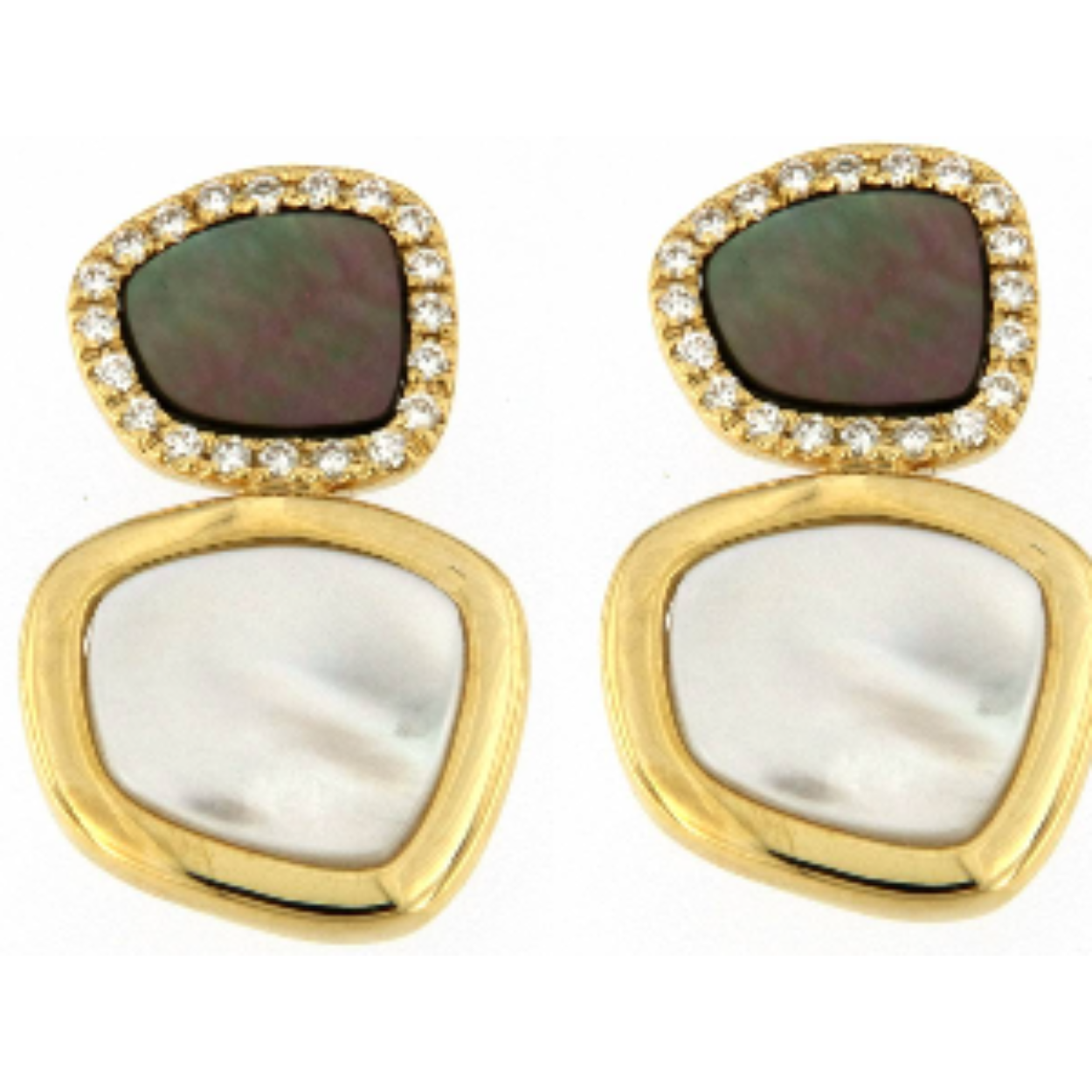 Peroni and parise moderne 18 karaat geel goud oorbellen met grijs,wit parelmoer en 0.25ct briljant