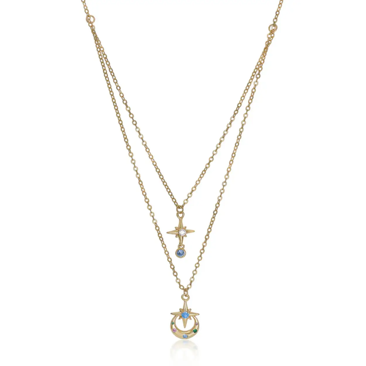 Double gold plated silver necklaces universe design for women. A fun and colorful design perfect to give a touch of originality to your looks. Double gold plated silver necklace with a design inspired by the universe formed by a first level with a polar star with a white zirconia and a blue zirconia and a second level with an inverted moon with aventurine, pink and blue tone gems and a polar star with a blue tone gem. Perfect to wear with matching earrings.