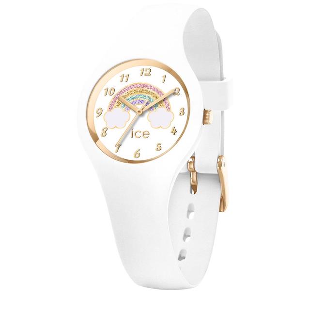 Ice Fantasia rainbow white - Witte siliconen band - Witte wijzerplaat met goudkleurige uuraanduiding een 'regenboog' afbeelding - maat XS