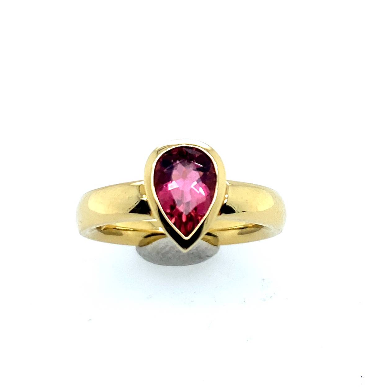 geel gouden damesring met roze toermalijn