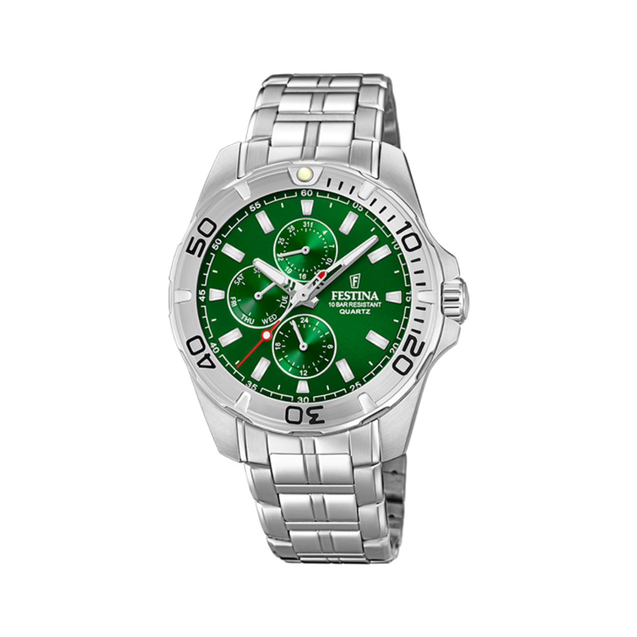 Stalen Festina horloge met dag datum aanduiding en  10atm waterdicht