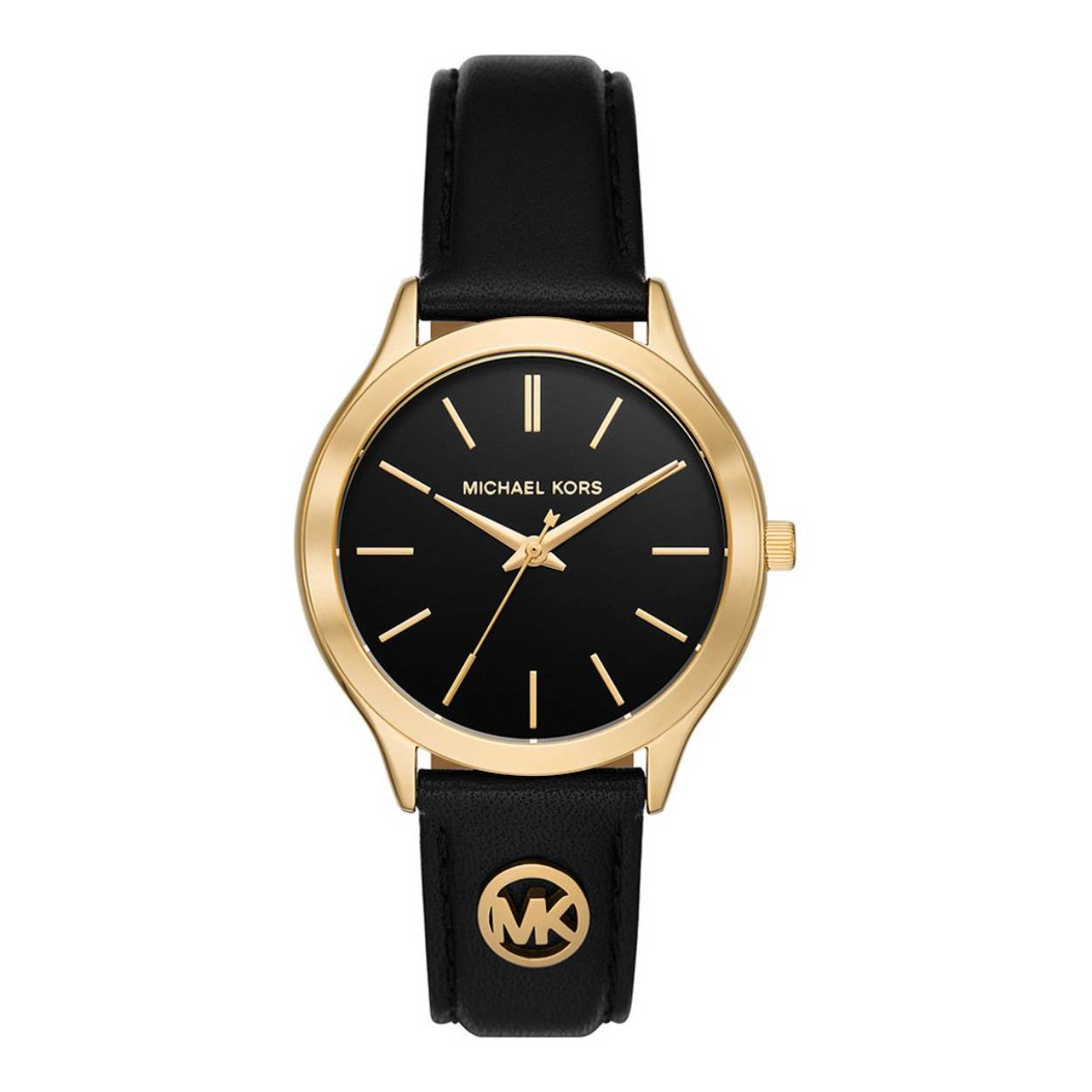 Het Michael Kors Slim Runway horloge van 38 mm heeft een zwarte sunray-wijzerplaat, een uurwerk met drie wijzers en een zwart leren bandje.