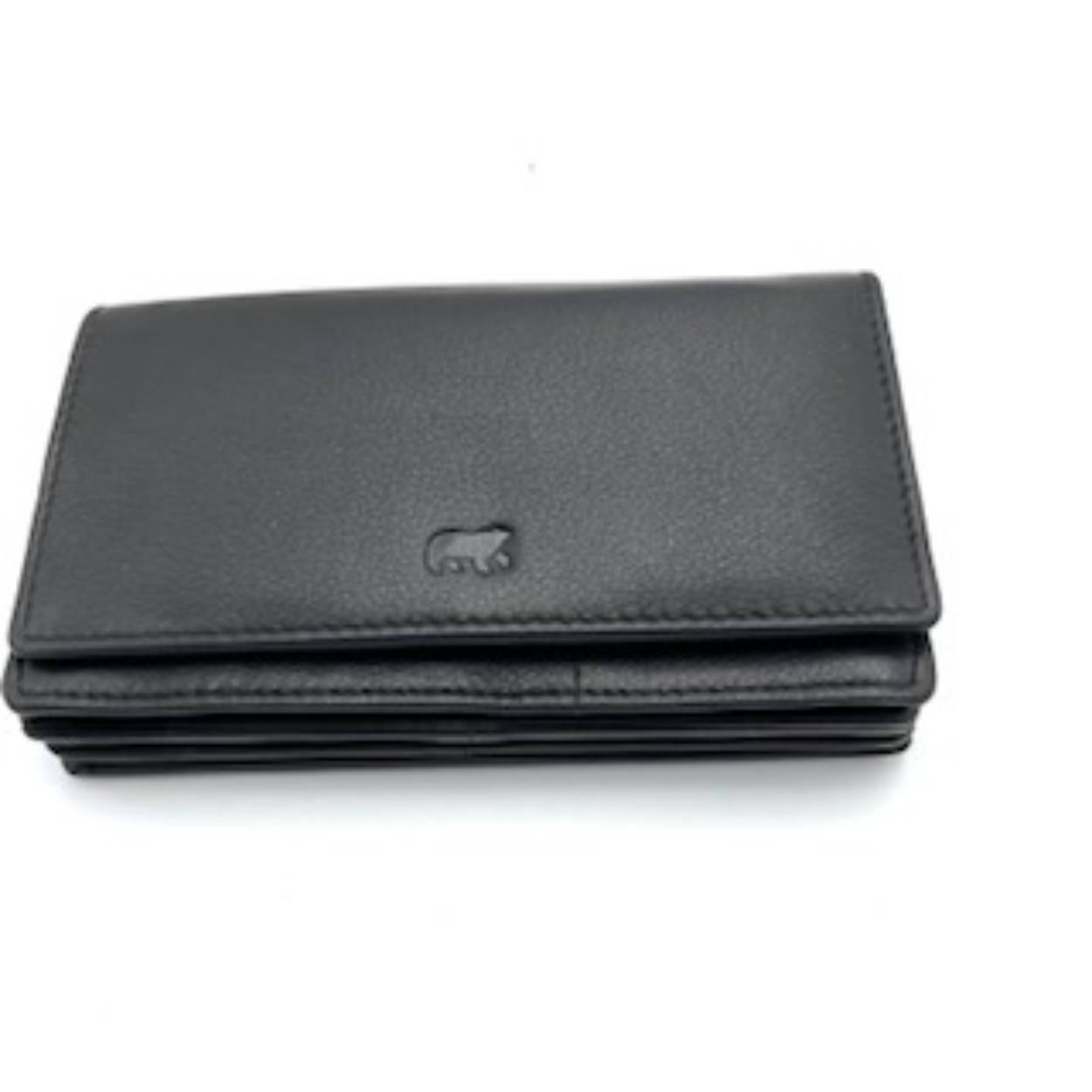 Portemonnee 12 vakjes om bankkaarten in op te bergen. 1 doorzichtig vak voor pasfoto. Twee binnenritsen en achterrits. 3 vakken voor papiergeld. 
Afmetingen: Hoogte 10cm x Breedte 15cm x Diep 3-7 cm