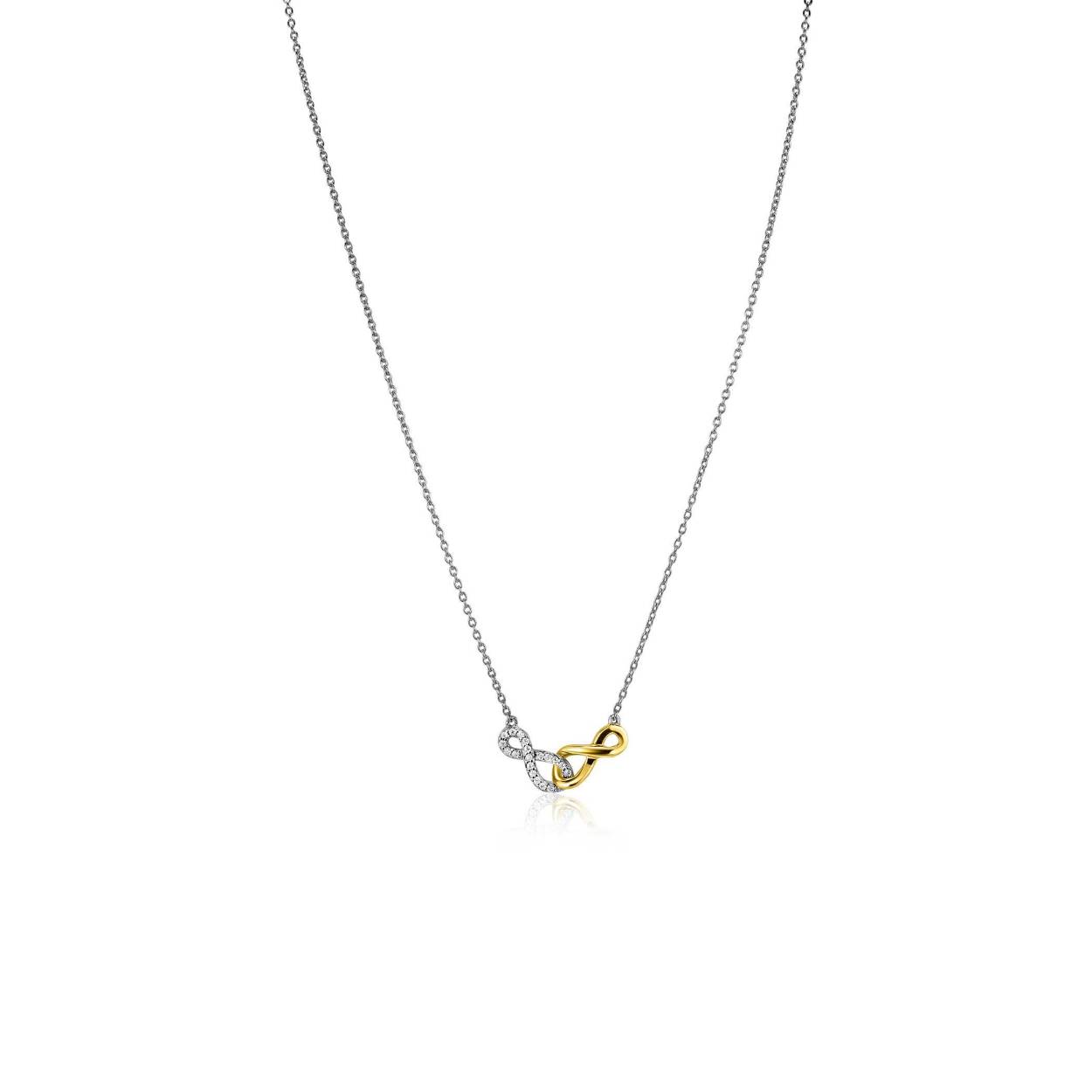 ZINZI zilveren fantasie ketting waarbij twee Infinity tekens met elkaar verbonden zijn, waarbij het ene teken bezet is met witte zirkonia's en het andere teken in gold plated afgewerkt is. De lengte van de ketting is te variëren tussen 42cm en 45cm. Vervaardigd van eerste gehalte zilver (925) en voorzien van een extra rhodiumlaag voor een langdurige glans. Tevens extra geel verguld.