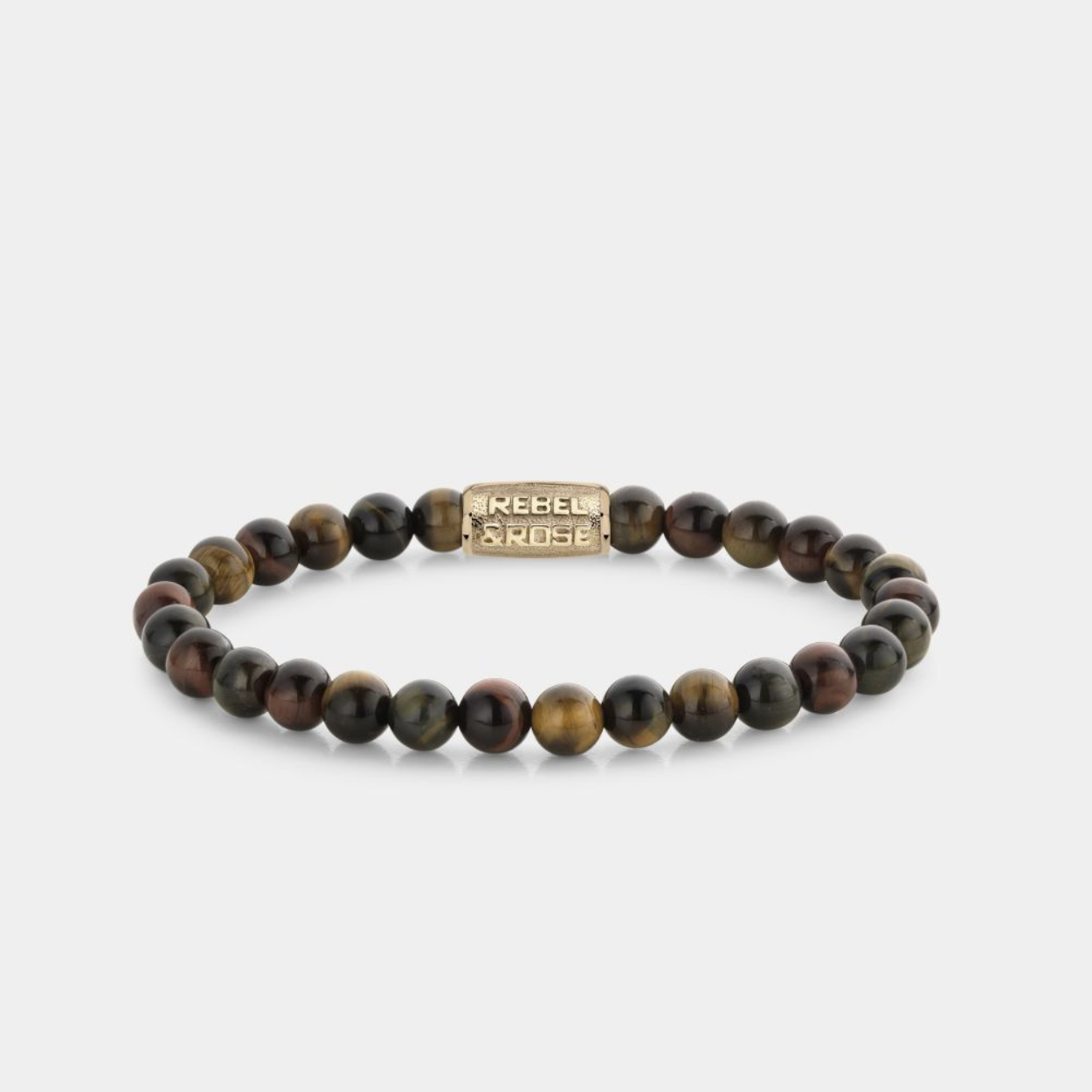 Edelstenen bead armband, handgemaakt van 6mm Tijgeroog stenen met een 18 karaat goud ion-plated edelstalen sluiting. Het Rebel & Rose sieraad is mooi te combineren met onze andere leren, zilveren of kralenarmbanden.