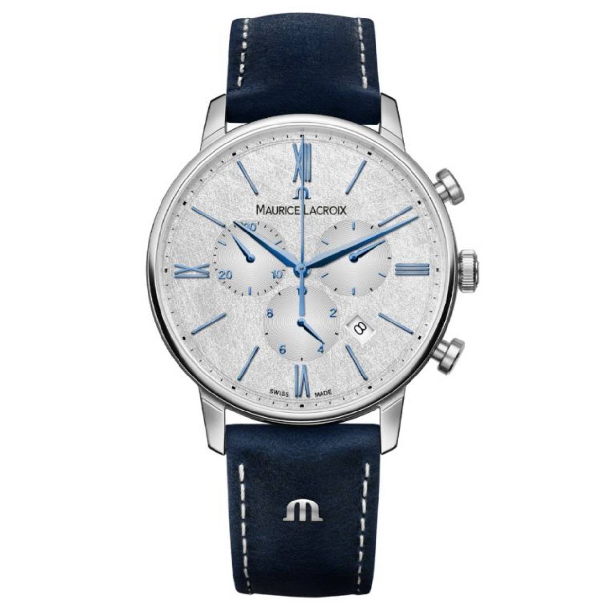 Case 40mm

Stainless Steel

Water resistance to 5 ATM

Light anthracite hand brushed dial

Strap Blue leather

Movement Quartz

Small seconds at 3 o'clock.

Date at 4:30 o'clock

Chronograph: chronograph seconds indicated on central hand, 30 minutes counter at 9 o'clock, 1/10 second counter at 6 o'clock.