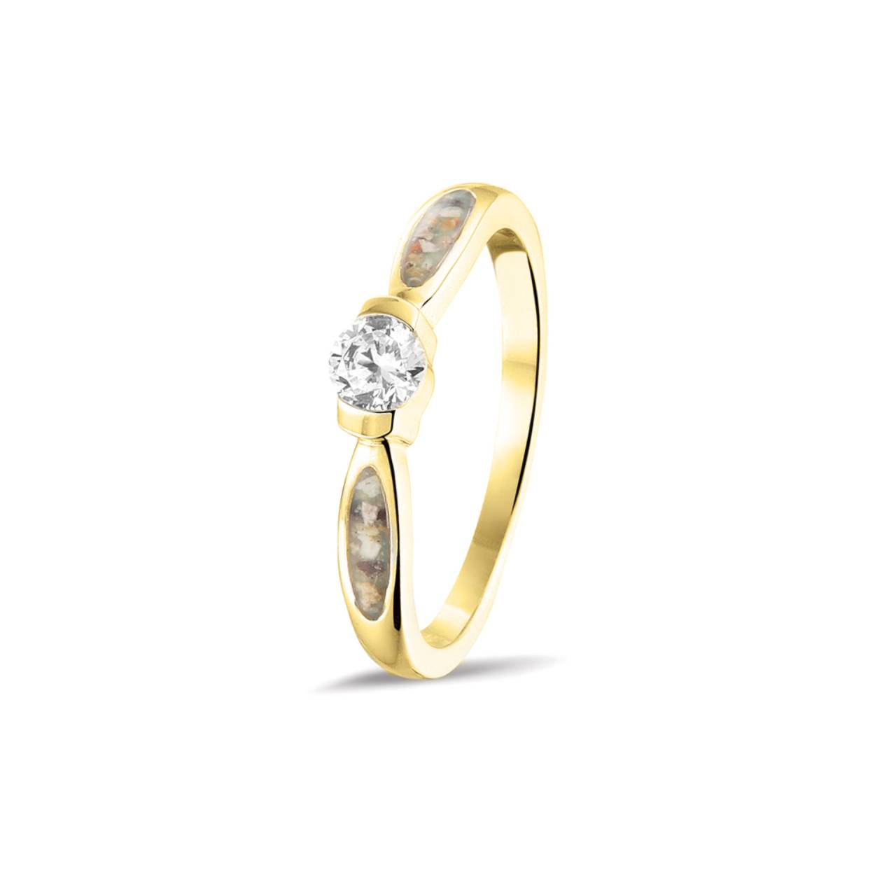 Ring met zirkonia. Dit sieraad wordt zichtbaar aan de voorkant gevuld met as en wordt vermengd met onze speciale hars. U kunt dit helaas niet zelf vullen. Dit door ons verzorgd worden. Ook hebben we de mogelijkheid om een kleur aan de as toe te voegen en een bijzet ring tegen de ring aan te plaatsen. Voor meer keuze en informatie adviseer ik u om vrijblijvend een keer langs t ekomen en u te laten adviseren.