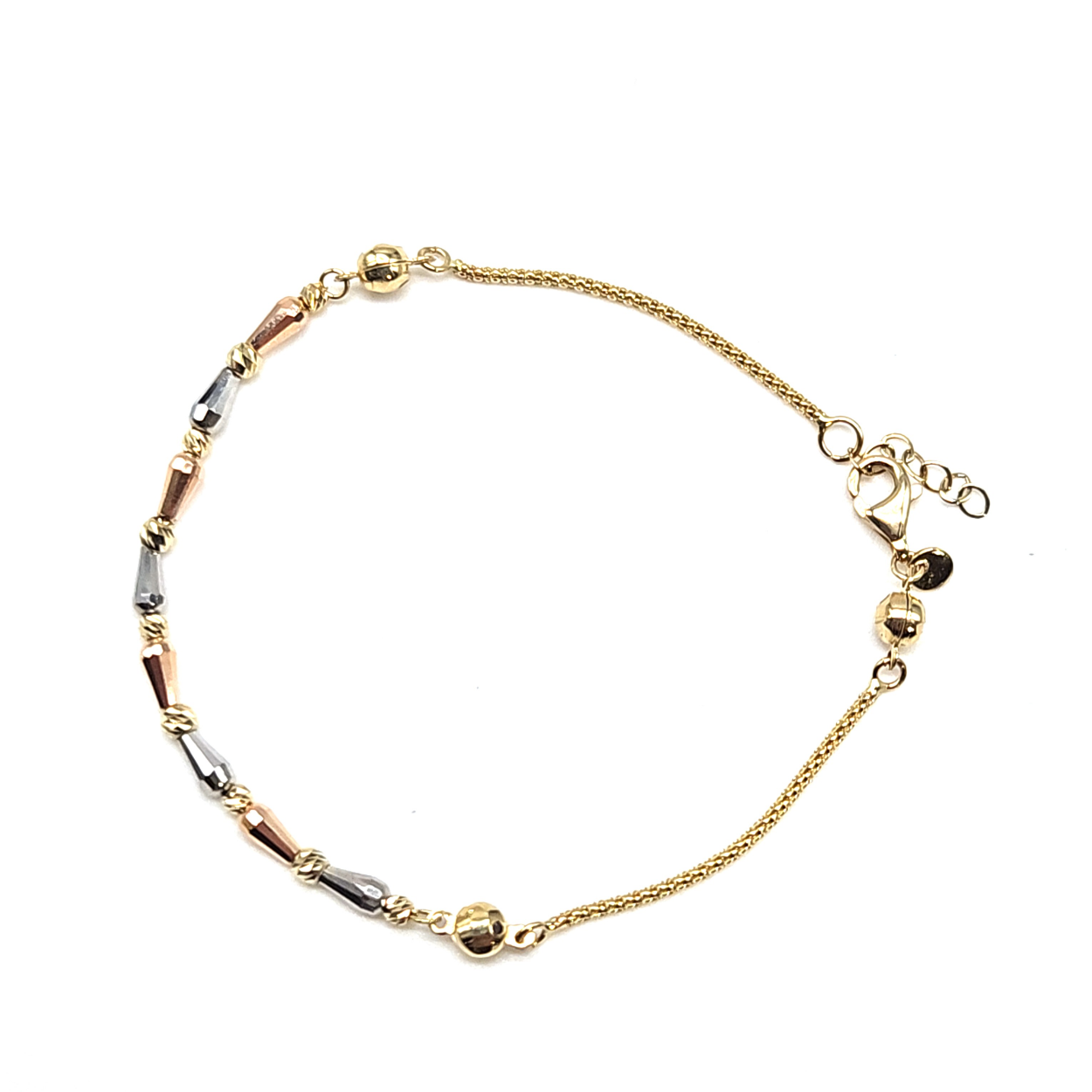14 karaat Gouden Tri Colour armband wat bestaat uit Geelgoud, Witgoud en Rosé goud. Perfect de combineren met alle andere sieraden en heeft allerlei figuurtjes wat het ook heel uniek maakt!