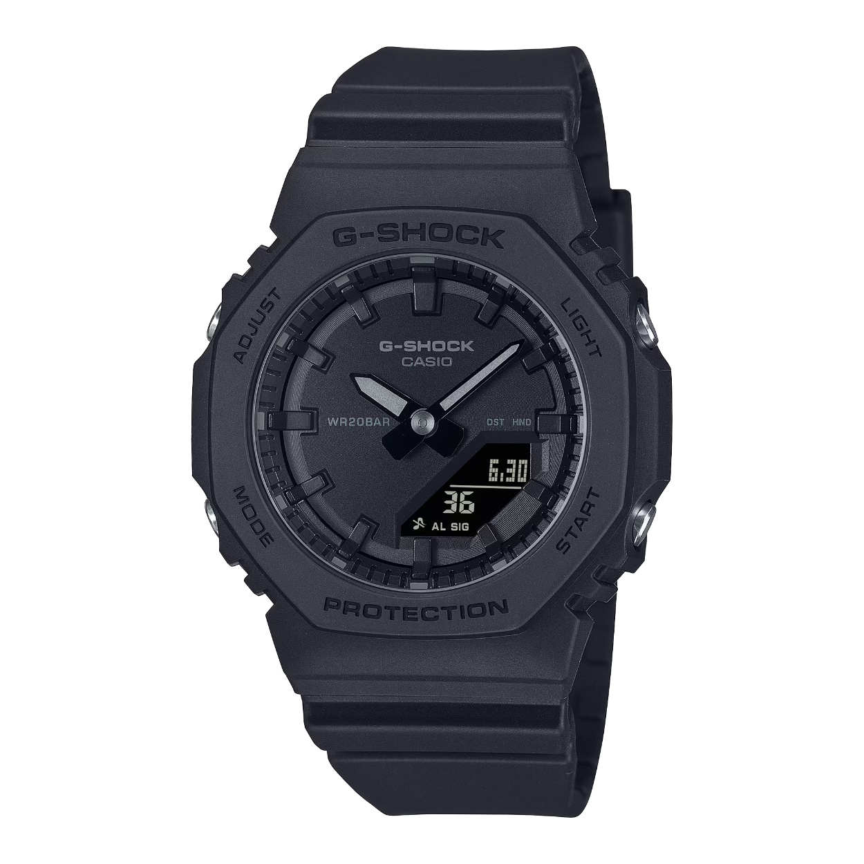 Street-smart en natuurbewust: een modieuze en volledig zwarte G-SHOCK.

Het monochromatische ontwerp met een matte afwerking zorgt voor een eenvoudig, maar gedurfd horloge.
De belangrijkste harscomponenten van de rand en band zijn gemaakt met hars van biologische oorsprong. Het gebruik van hernieuwbare biologische materialen draagt bij aan het verminderen van de impact op het milieu.

Kies je favoriete volledig zwarte uurwerk: de GMD-S5600, een kleinere, slankere versie van het iconische G-SHOCK-ontwerp of de altijd populaire analoog-digitale GMA-S2100.