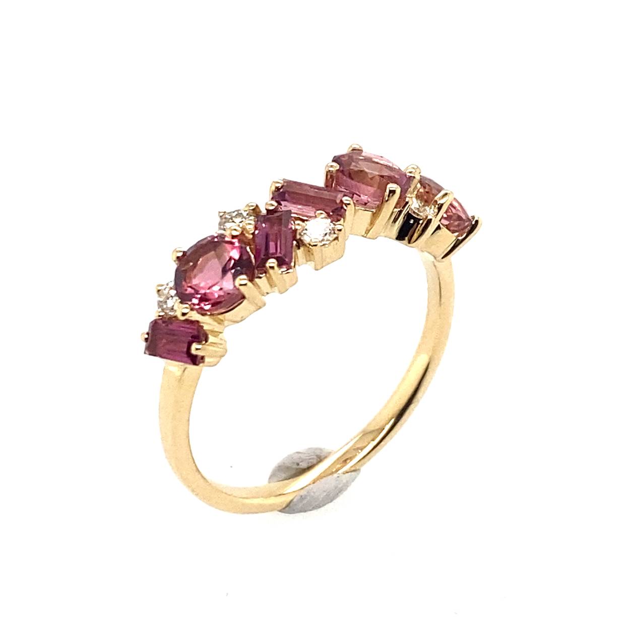 14 krt geelgouden ring met rose toermalijn en diamant