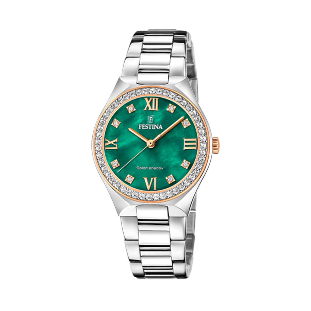 Dames uurwerk van Festina met een groene parelmoer wijzerplaat en fonkelende steentjes verwerkt
op de lunet & wijzerplaat.
Uitgebreidt met Solar Power energy.
Met een mineraalglas.
De diameter van de horlogekast wordt in de breedte gemeten (zonder de kroon) is +/- 34 mm.
Dit uurwerk heeft een waterdichtheid van 10 Atm./ 100 meter.