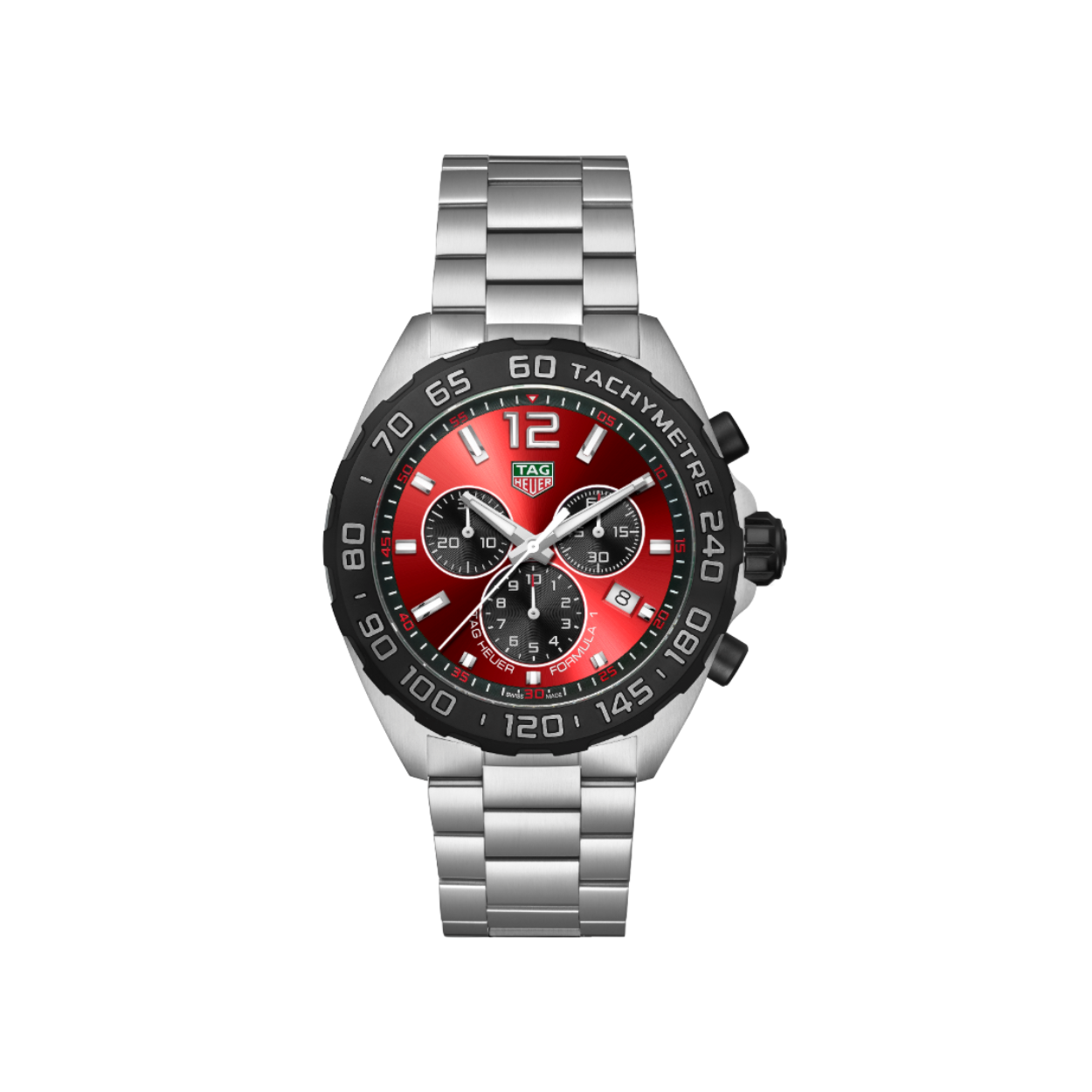 Dit TAG Heuer horloge behoort tot de Formula 1 collectie,
Referentienummer: CAZ101ANBA0842

Dit TAG Heuer Formula 1 horloge is geïnspireerd door de levendige energie van de autosport. Het combineert een levendige rode sunray geborstelde wijzerplaat met een race-ready chronograaf met opvallende wijzerplaatdetails. De wijzerplaat is ultra-leesbaar door de aangebrachte Super-LumiNova® op de wijzers en markeringen. 

Het horloge wordt beschermd door een kast van fijn geborsteld staal en een vaste lunette met zwarte PVD-tachymeter. Dit horloge van 43mm garandeert veerkracht onder de meest opwindende omstandigheden. Met de tachymeter wordt het meten van snelheid en afstand een tweede natuur, terwijl de stalen band zorgt voor comfort bij elke bocht.

