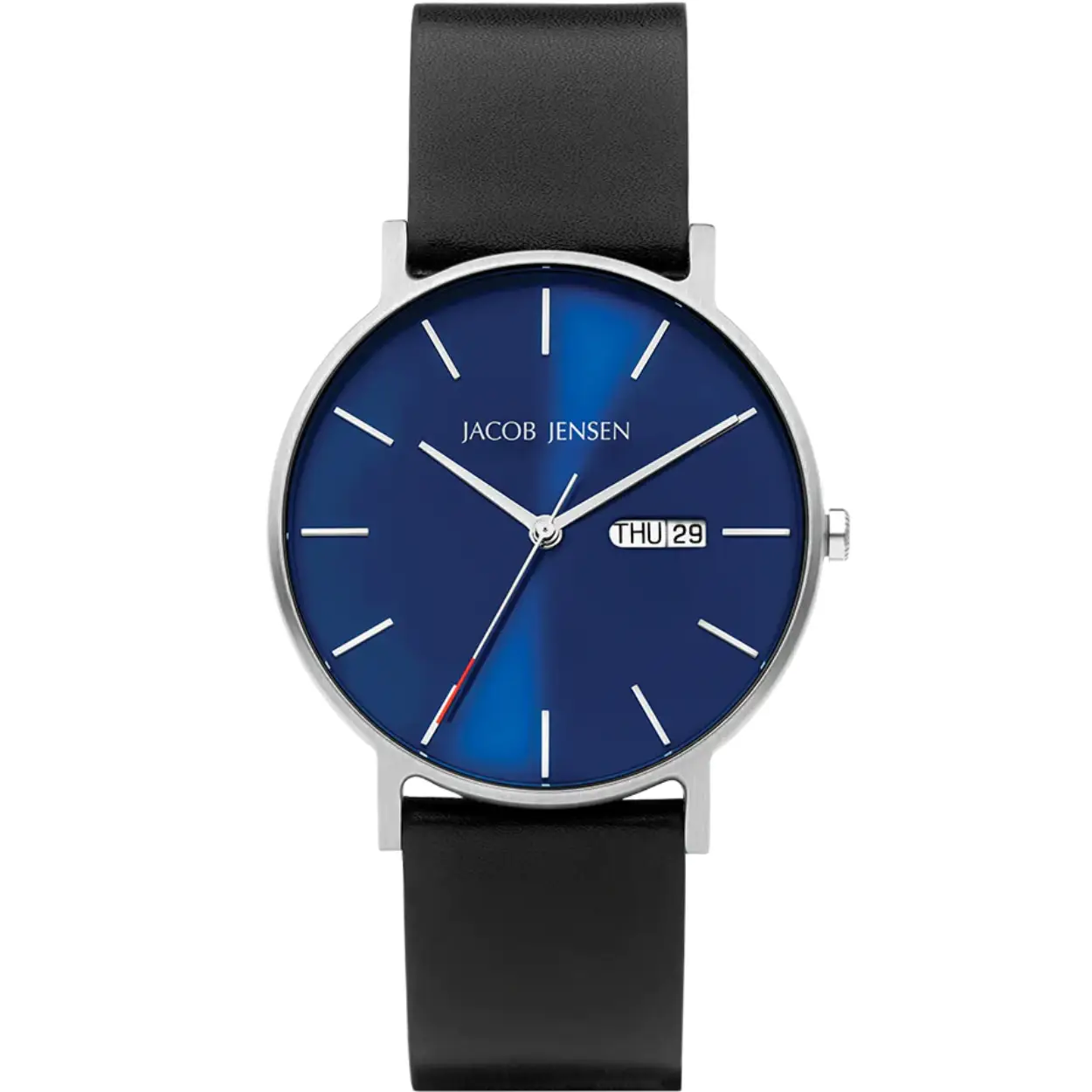 Jacob Jensen Timless Nordic JJ161. A great watch made from durable and strong materials. The titanium watch case is skin-friendly and also very lightweight. The 40mm wide JJ161 watch also features a sapphire crystal, stripe index and a reliable quartz movement. The leather strap is flexible and can be adjusted in different sizes.
