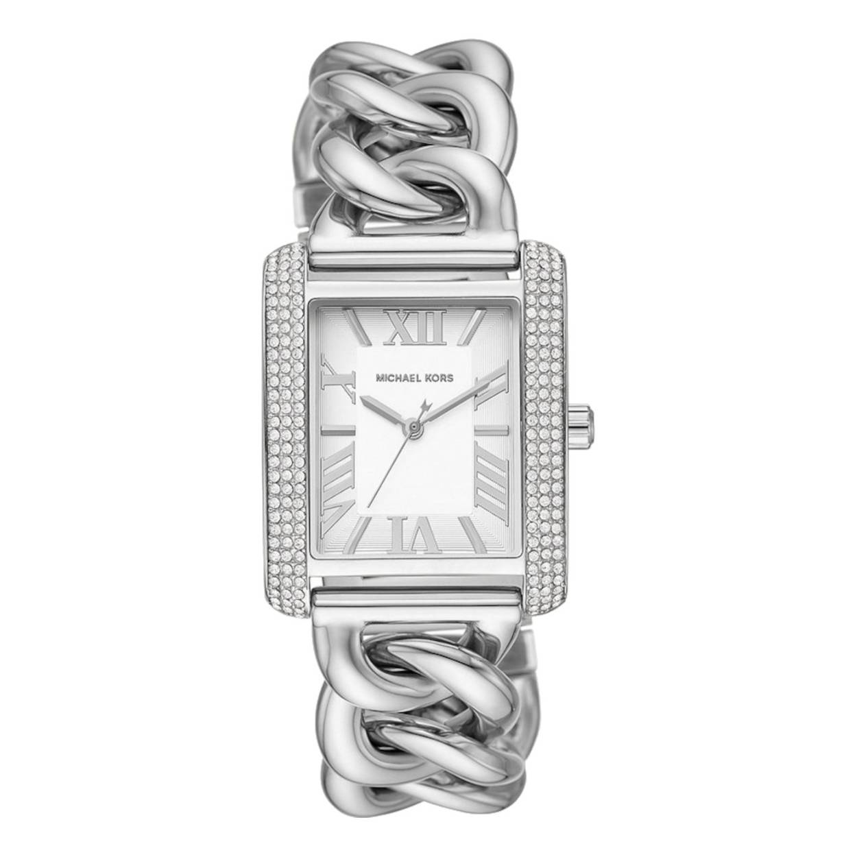 Dit Michael Kors horloge, uit de Emery collectie, heeft een stalen schakel band en een stalen kast die aan twee zijdes bezet is met glinsterende steentjes. De wijzerplaat is wit met zilverkleurige indexen en wijzers. 
