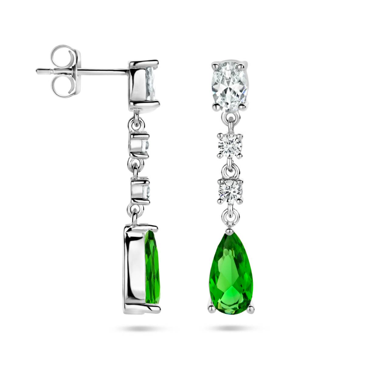 Gerhodineerd 925 oorhangers uitgevoerd met wit en groen zirkonia. De oorhangers hebben een totale hoogte van 30mm.
