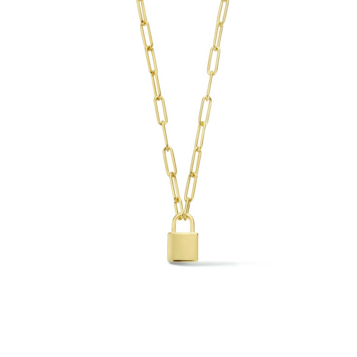 Geelgoud op 925 zilveren anker collier uitgevoerd met een hanger in de vorm van een slotje. Geen garantie op plating.