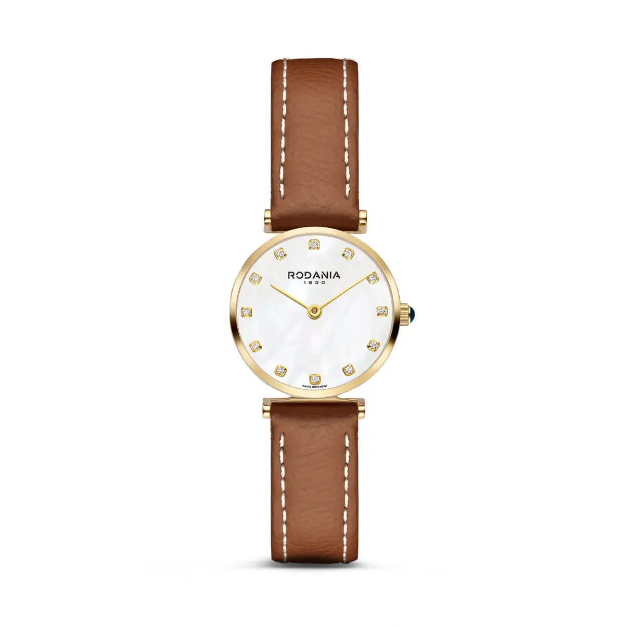 Goudkleurig horloge met parelmoer wijzerplaat en zirkonia's. Met bruine leren band en saffier glas