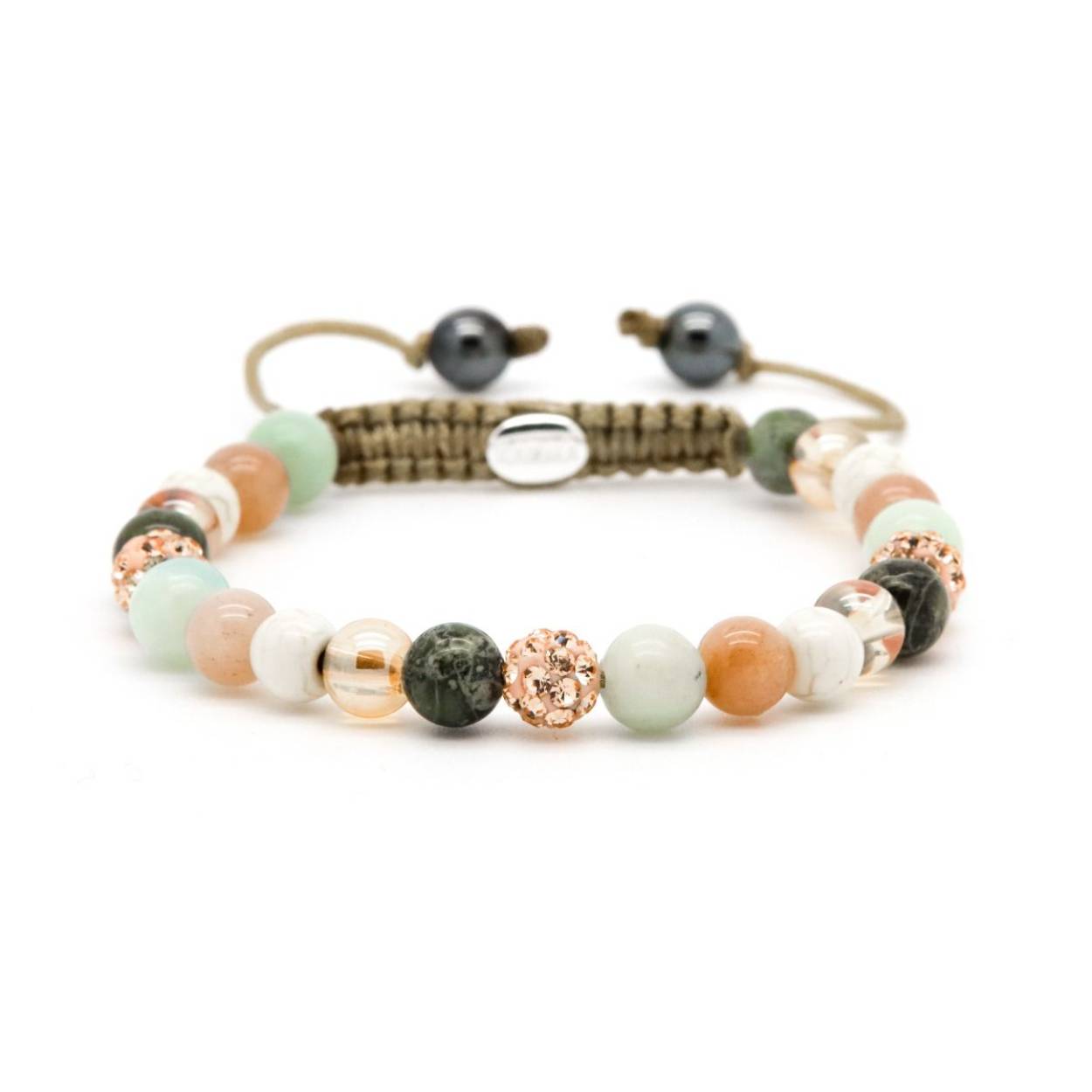 This is the Spiral Honey Jam XS (Rosegold crystal) bracelet. All the crystal beads and natural stone beads are 6MM. It's a perfect bracelet to mix and match with our other bracelets!
