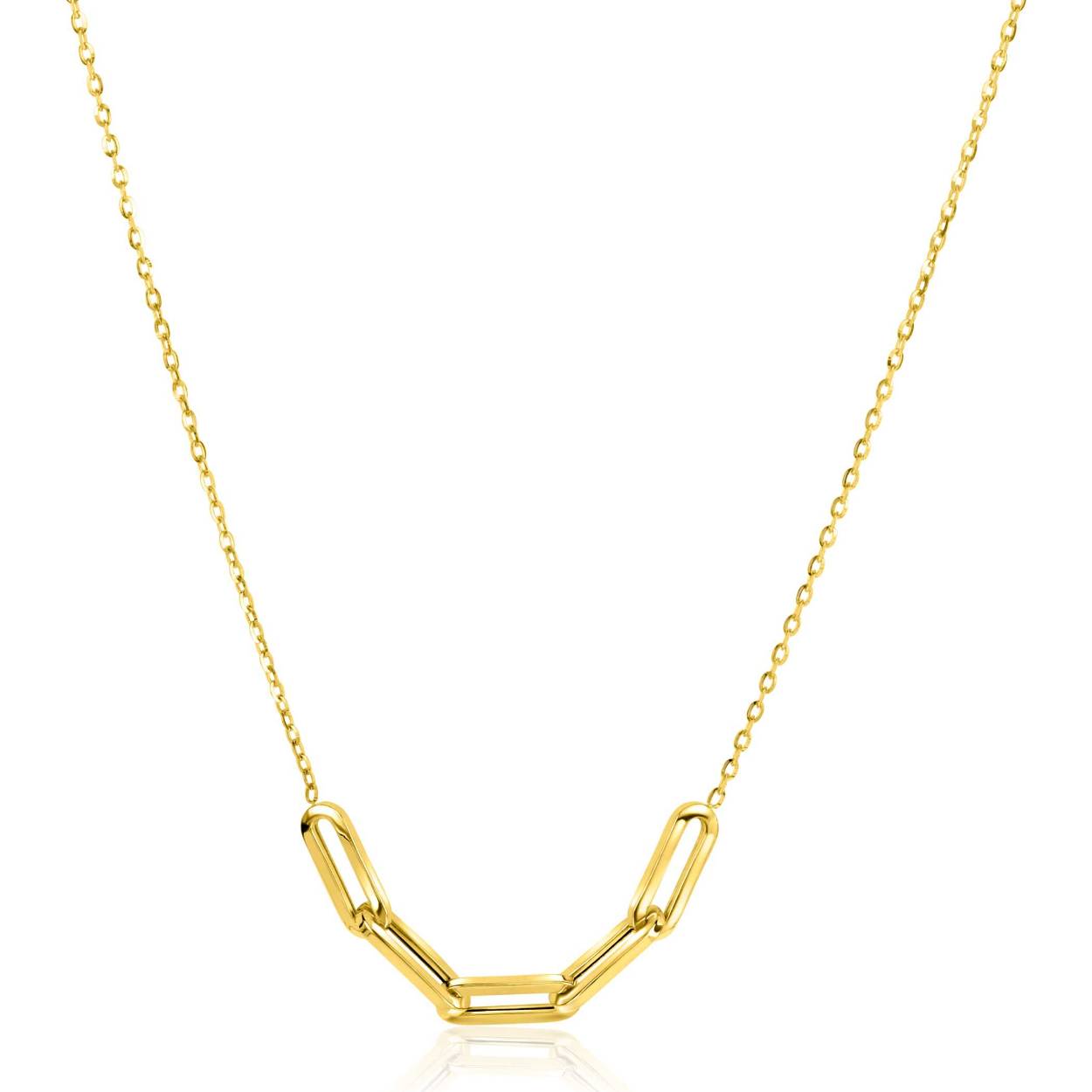 ZINZI Gold 14 karaat gouden collier met in het midden vijf trendy paperclip-schakels van 4mm breed. De lengte van het collier is te variëren tussen 40-45cm. Vervaardigd van geheel 14 karaat goud (585). En herkenbaar 'Zinzi' door het kleine gouden Zinzi hartje bij de sluiting.