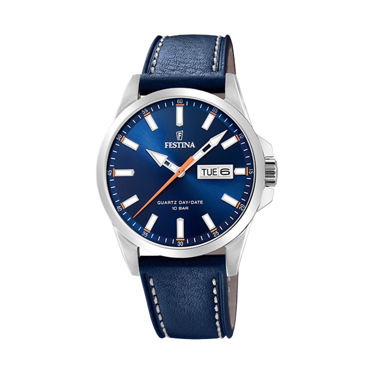 Een blauwe herenhorloge van Festina.