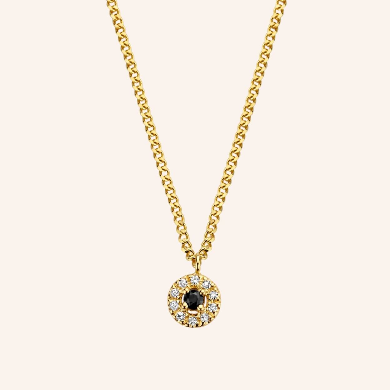 A gorgeous shimmering diamond halo, encircling a pitch-black Onyx gemstone. A divine new addition to mingle with our Circles collection. Meet me at midnight, underneath the stars.

Ref: M1849 | Necklace | 925 Sterling Silver | 5.00 x 1.40 mm | Black Onyx Round: 1pc , White Diamond: 10pc