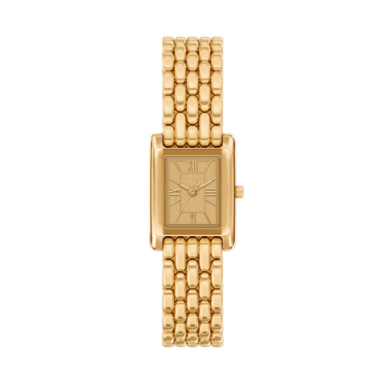 Michael Kors Quarts dames pols horloge staal met stalen band goudkleuring uit de Essex Collectie. 5 ATM waterdicht.