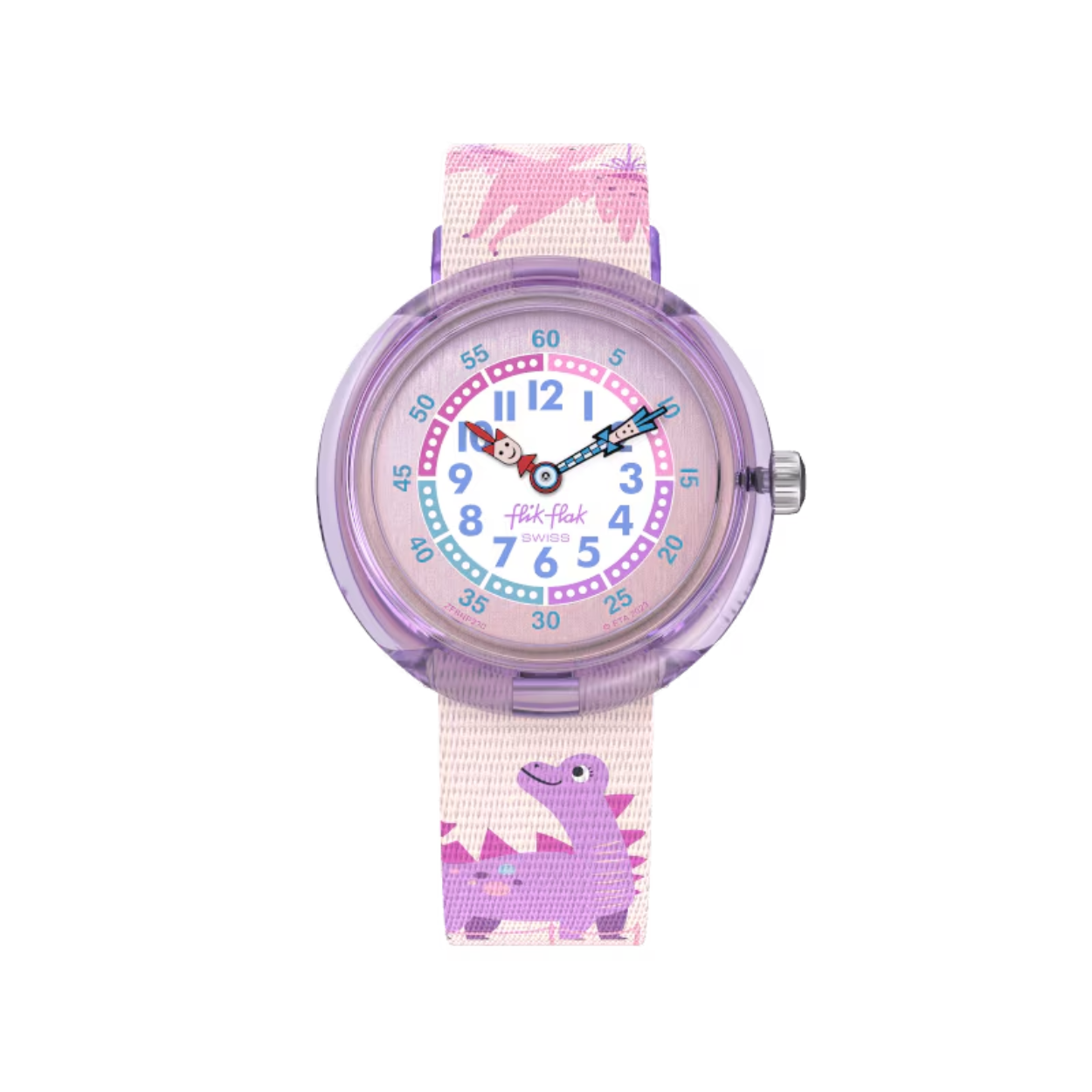 Het kinderhorloge DINOLOGY toont Stegosaurus- en Pterodactylus-dinosauriërs in een schattig ontwerp met een metallic effect op de wijzerplaat. Het perfecte cadeau voor dino-liefhebbers om te leren klokkijken!